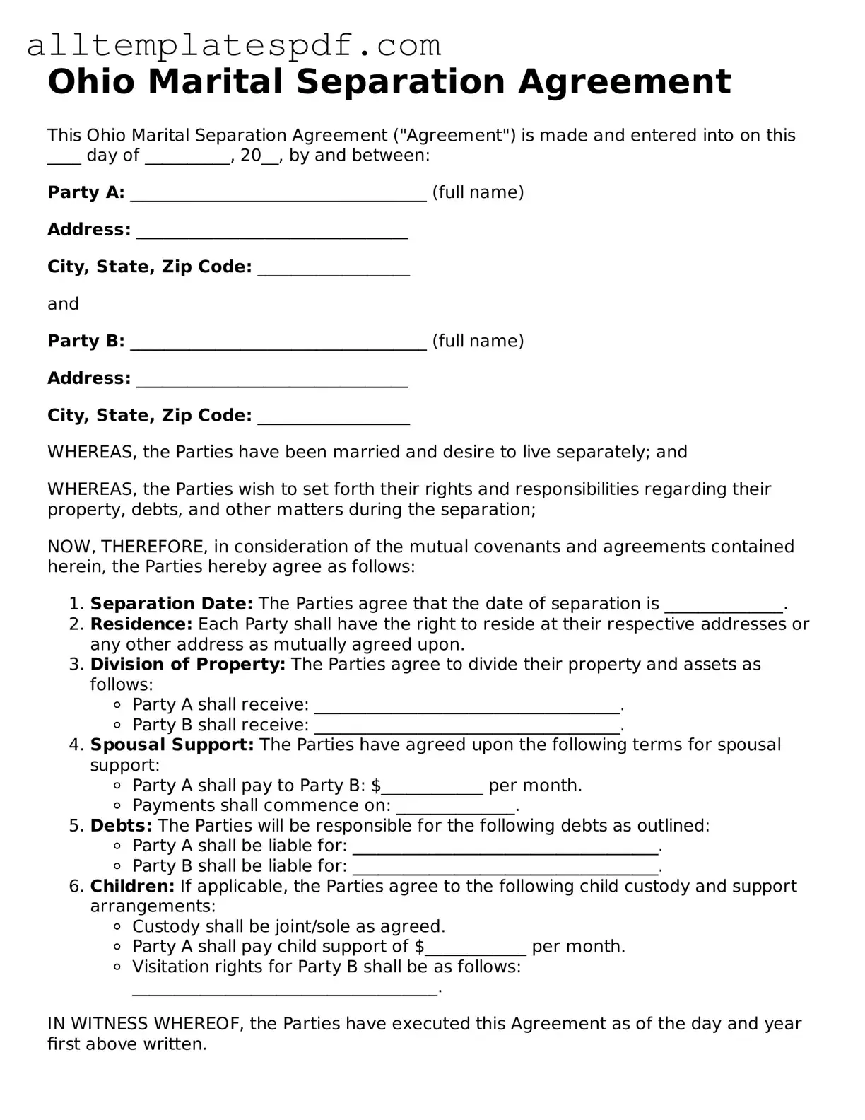 Blank Marital Separation Agreement Template for the State of Ohio