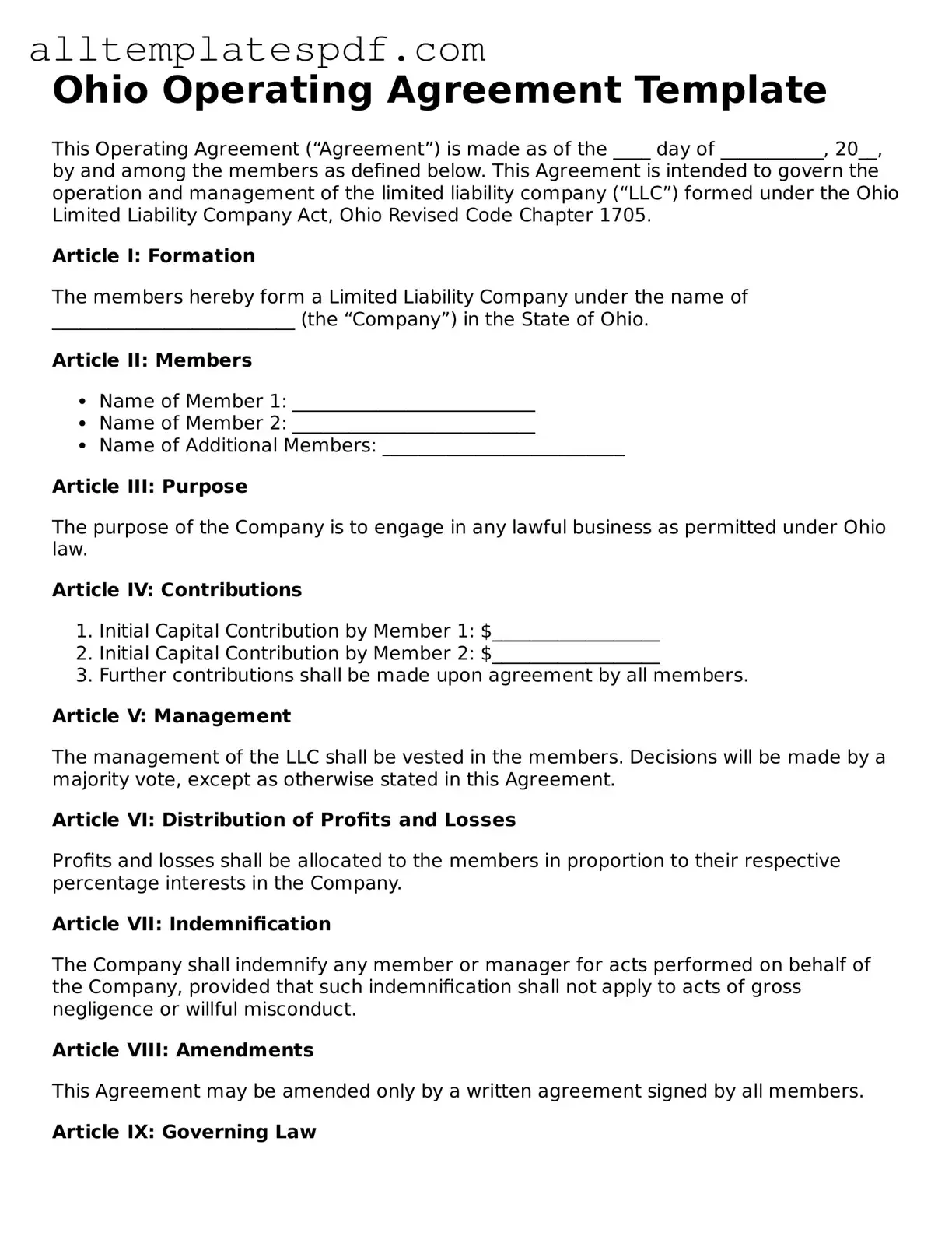 Blank Operating Agreement Template for the State of Ohio