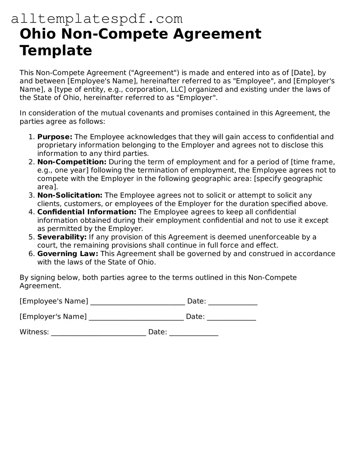 Blank Non-compete Agreement Template for the State of Ohio