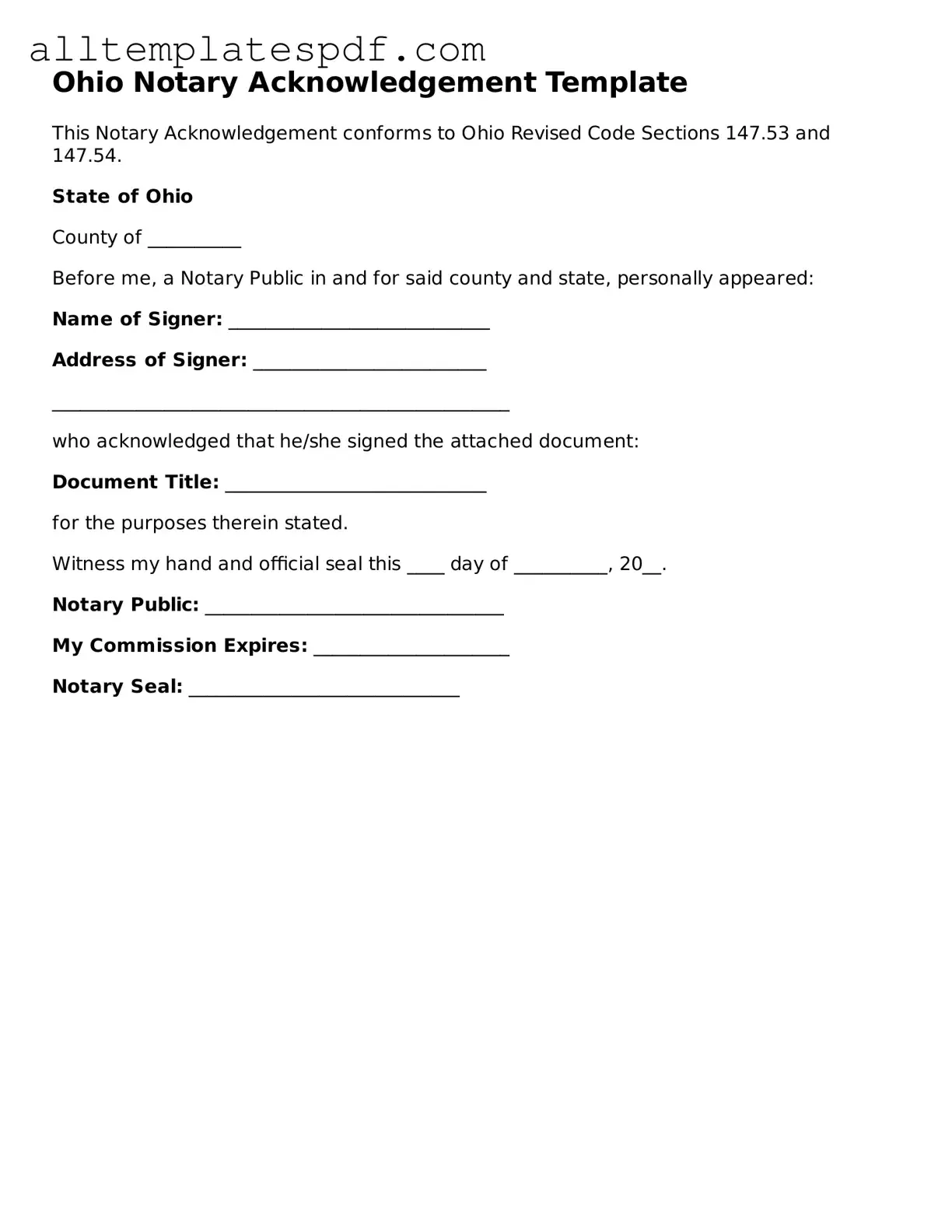 Blank Notary Acknowledgement Template for the State of Ohio