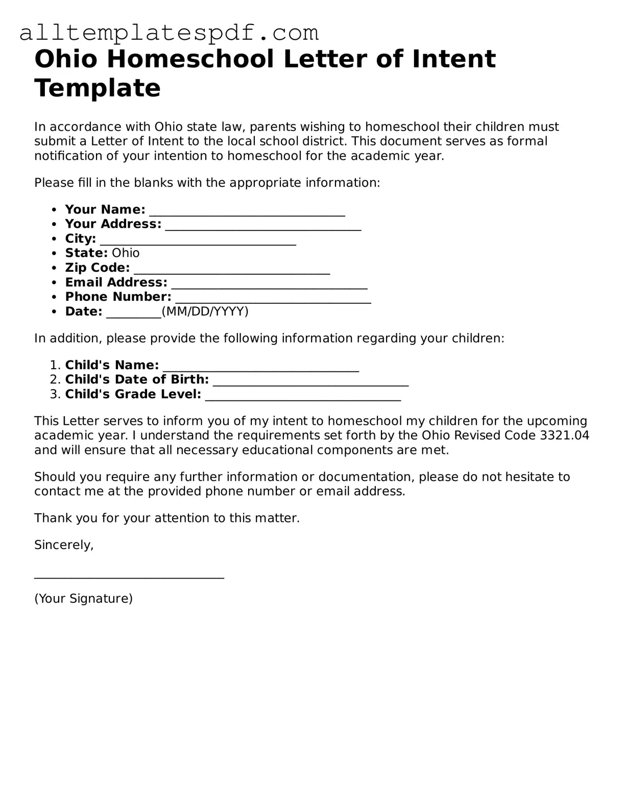 Blank Homeschool Letter of Intent Template for the State of Ohio