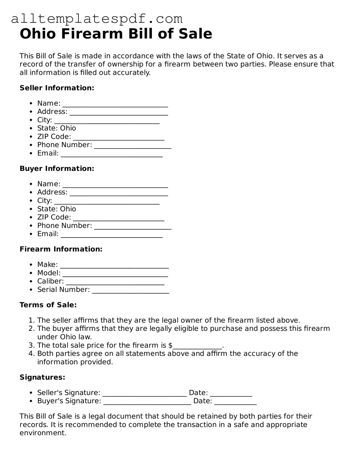 Blank Firearm Bill of Sale Template for the State of Ohio