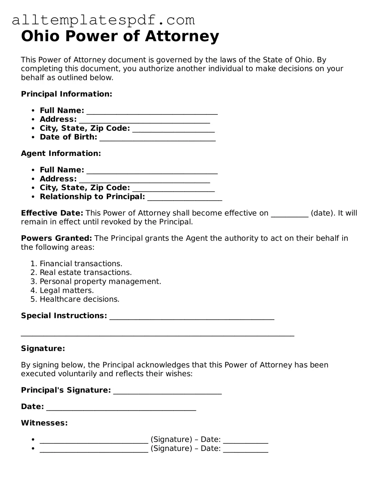 Blank Power of Attorney Template for the State of Ohio