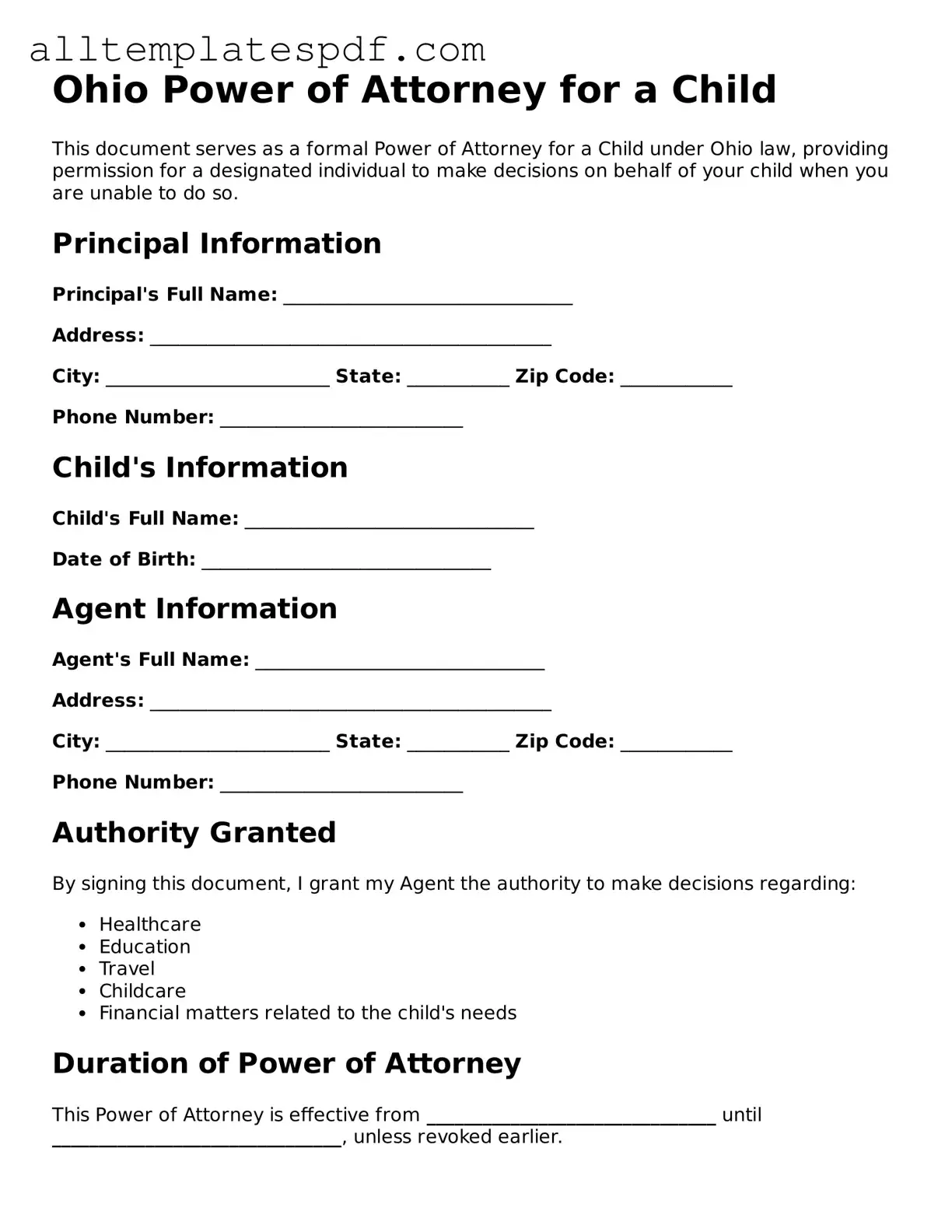 Blank Power of Attorney for a Child Template for the State of Ohio