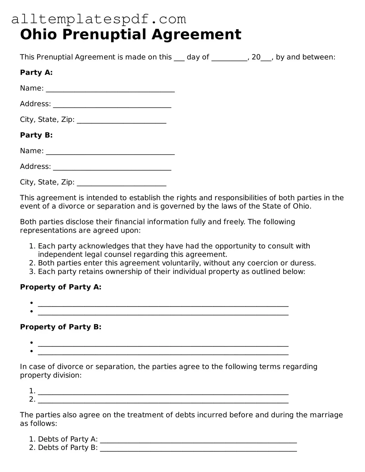 Blank Prenuptial Agreement Template for the State of Ohio