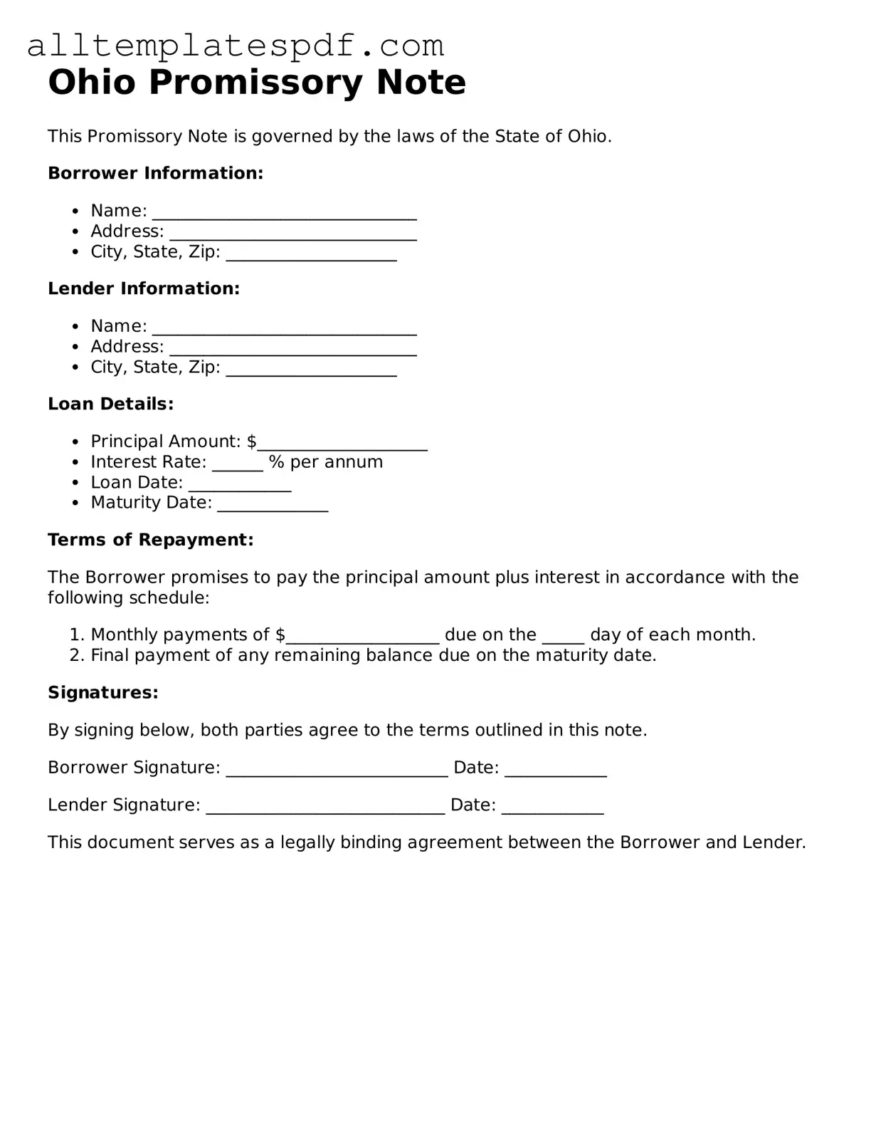 Blank Promissory Note Template for the State of Ohio