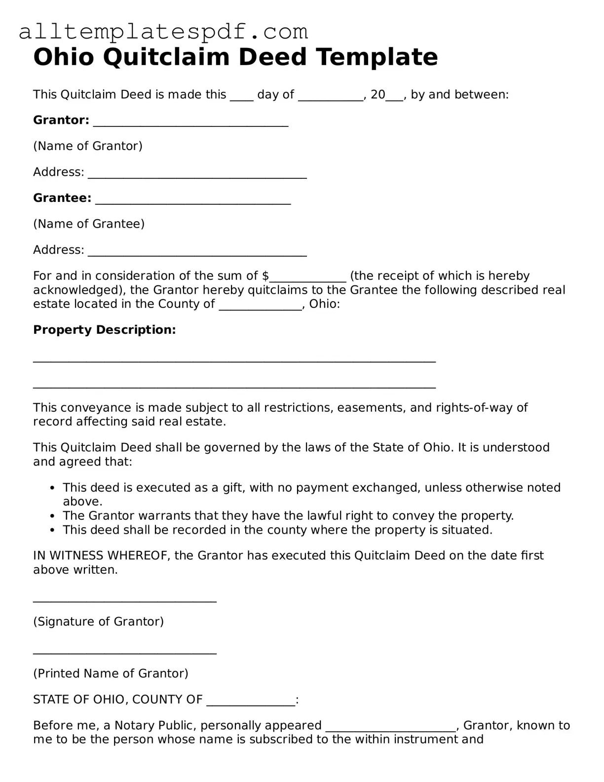 Blank Quitclaim Deed Template for the State of Ohio