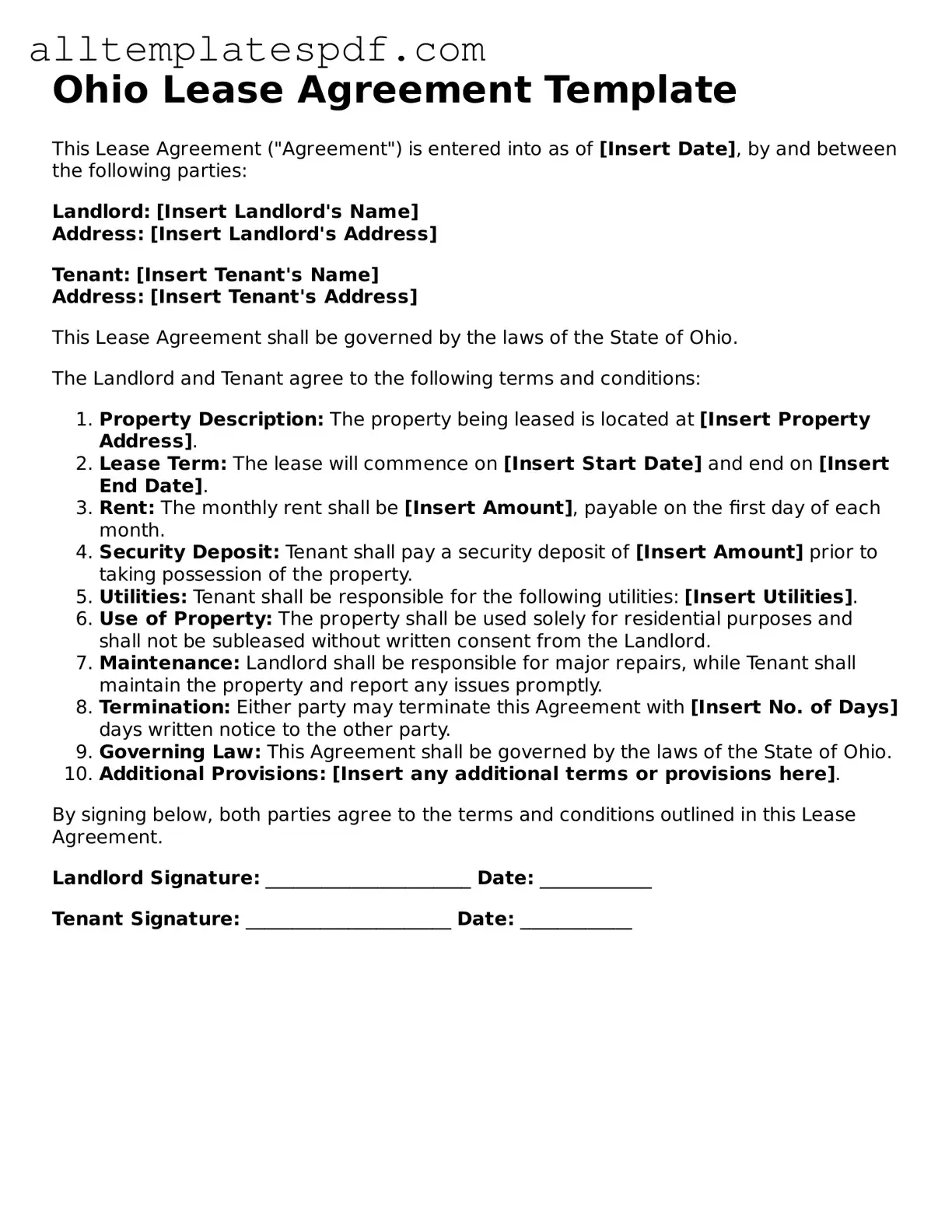 Blank Lease Agreement Template for the State of Ohio