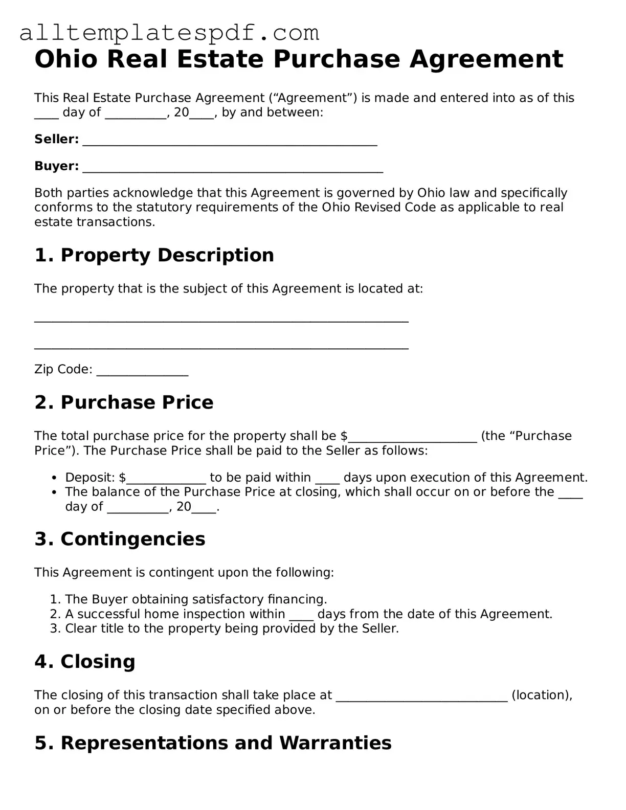 Blank Real Estate Purchase Agreement Template for the State of Ohio