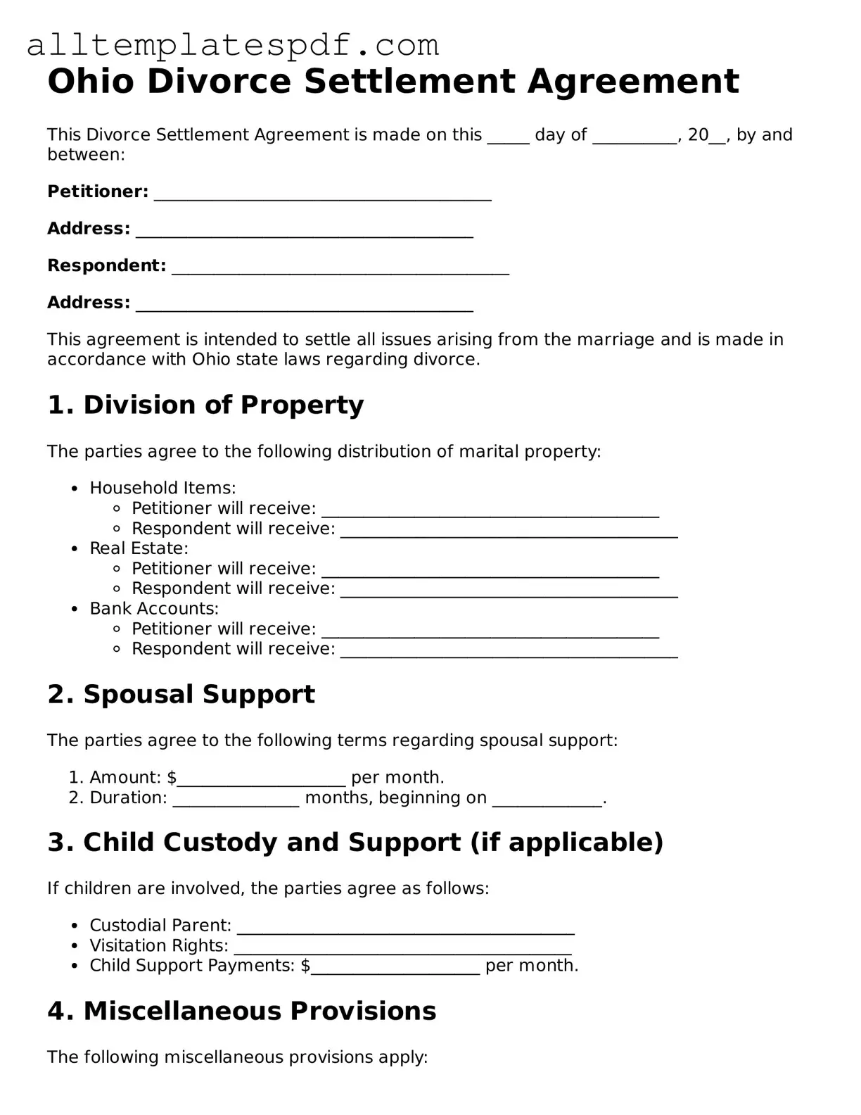 Blank Divorce Settlement Agreement Template for the State of Ohio