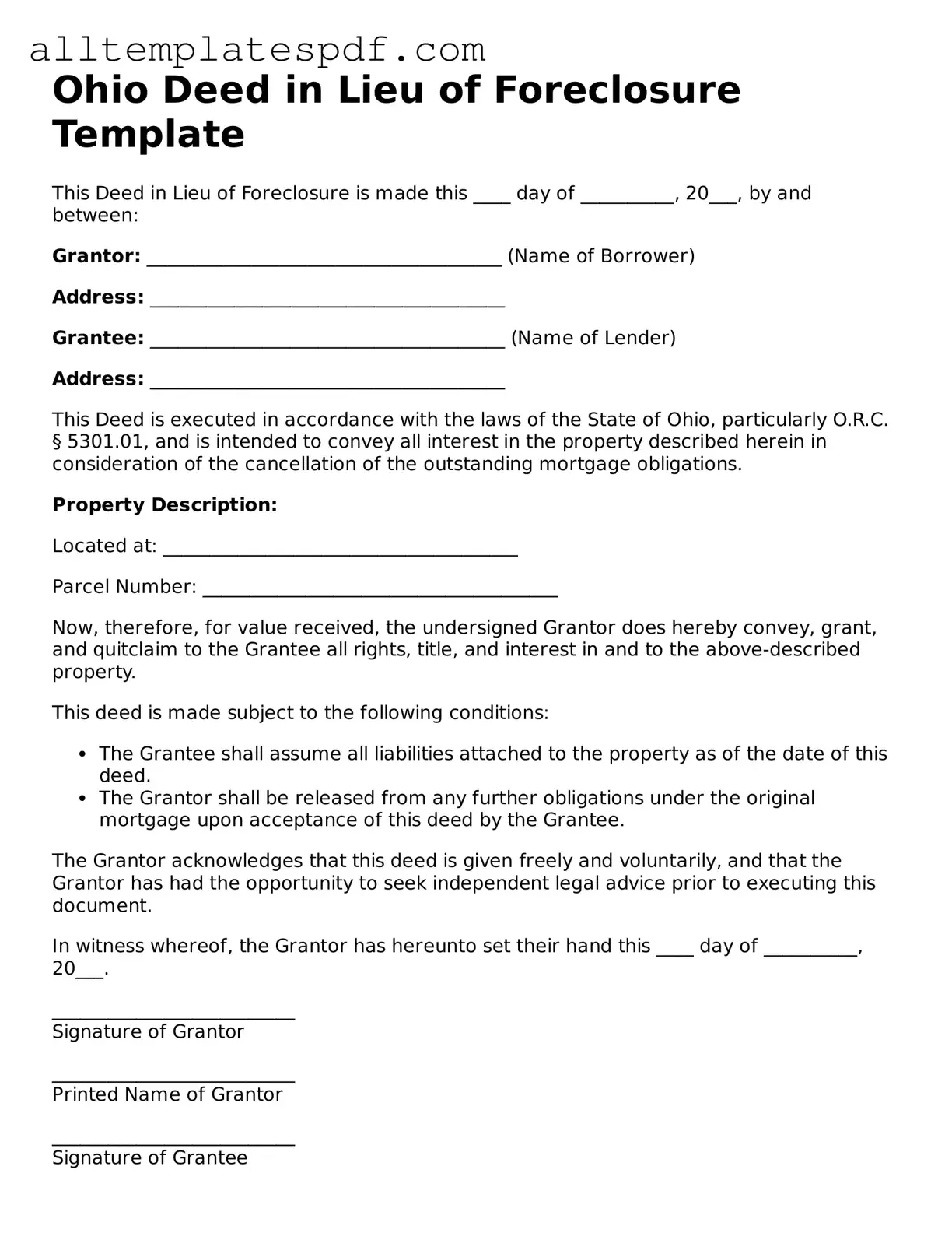 Blank Deed in Lieu of Foreclosure Template for the State of Ohio