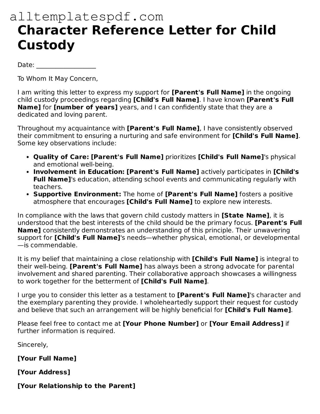 Attorney-Approved Character Reference Letter for Child Custody Template