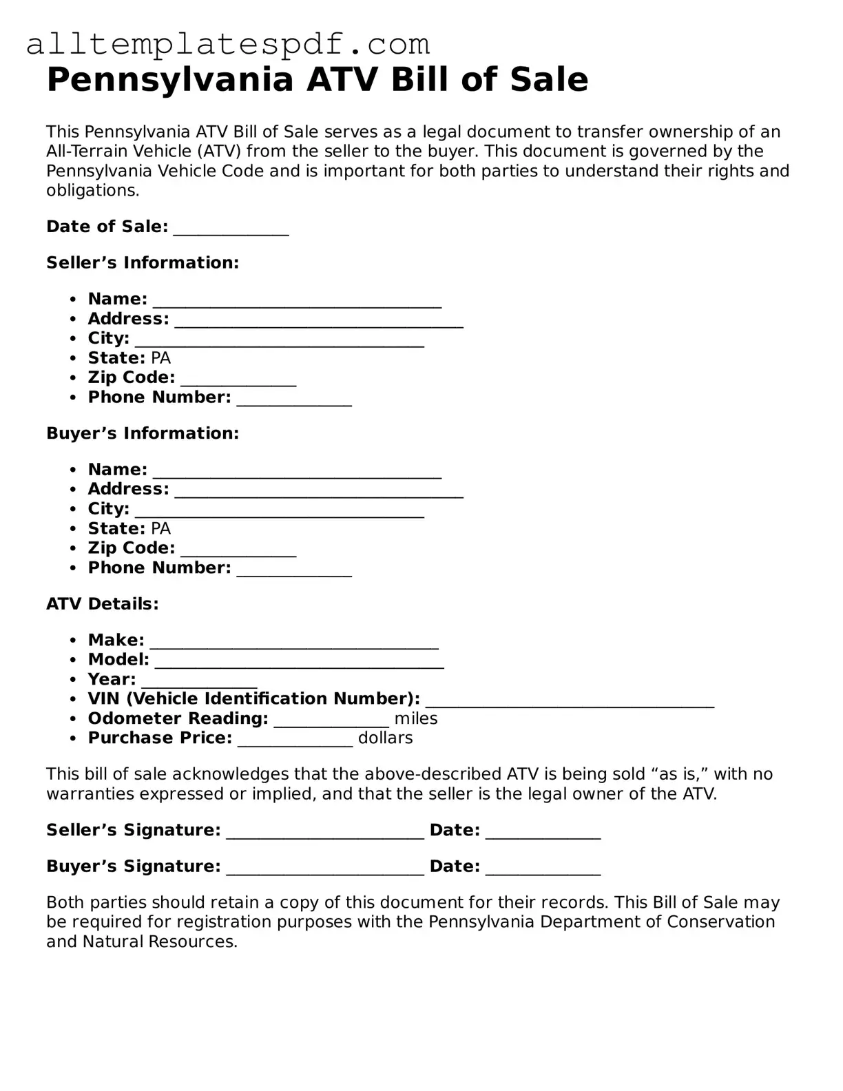 Blank ATV Bill of Sale Template for the State of Pennsylvania