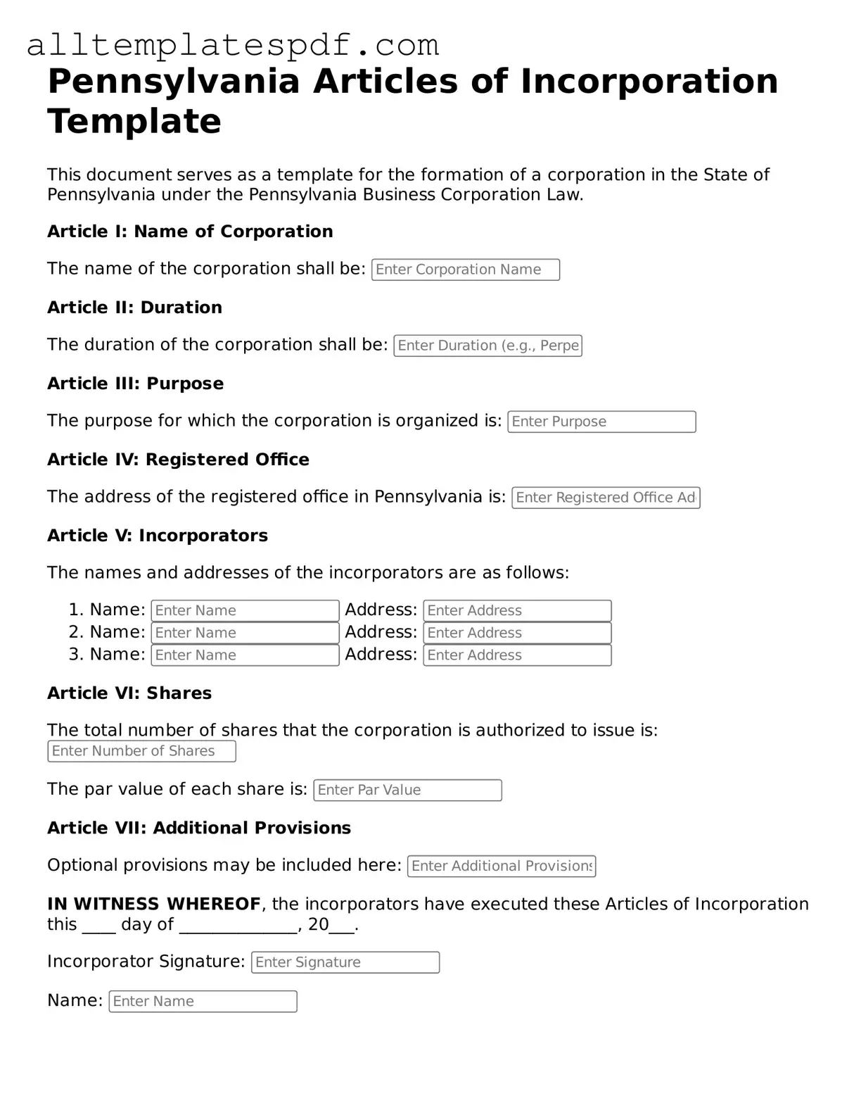 Blank Articles of Incorporation Template for the State of Pennsylvania