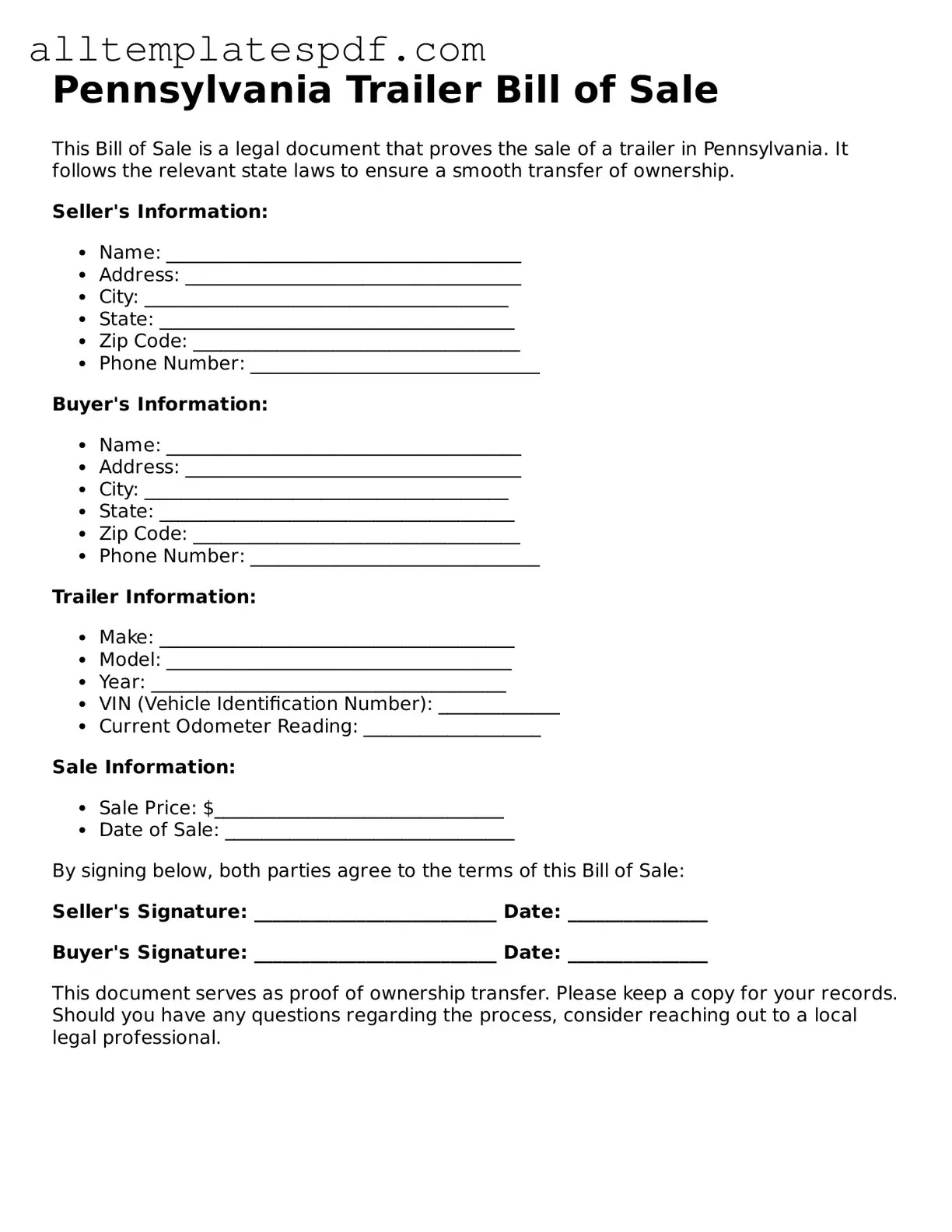 Blank Trailer Bill of Sale Template for the State of Pennsylvania