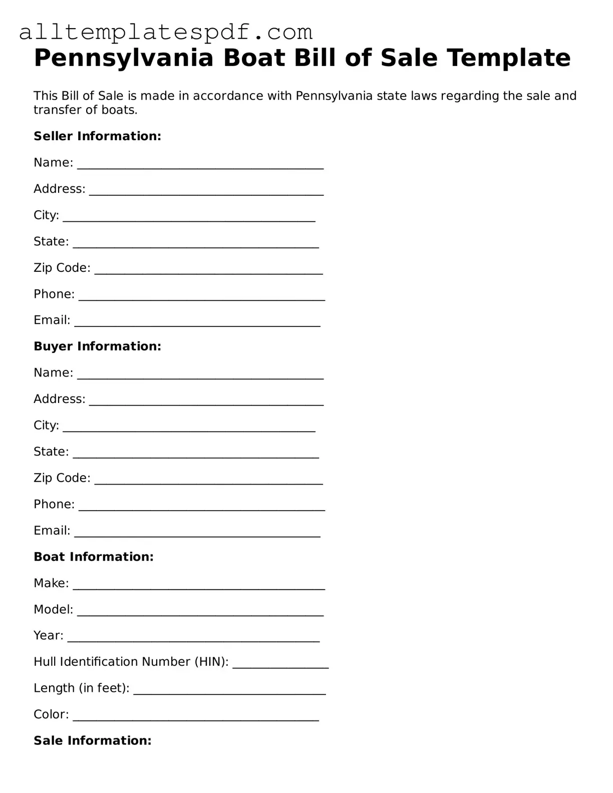 Blank Boat Bill of Sale Template for the State of Pennsylvania