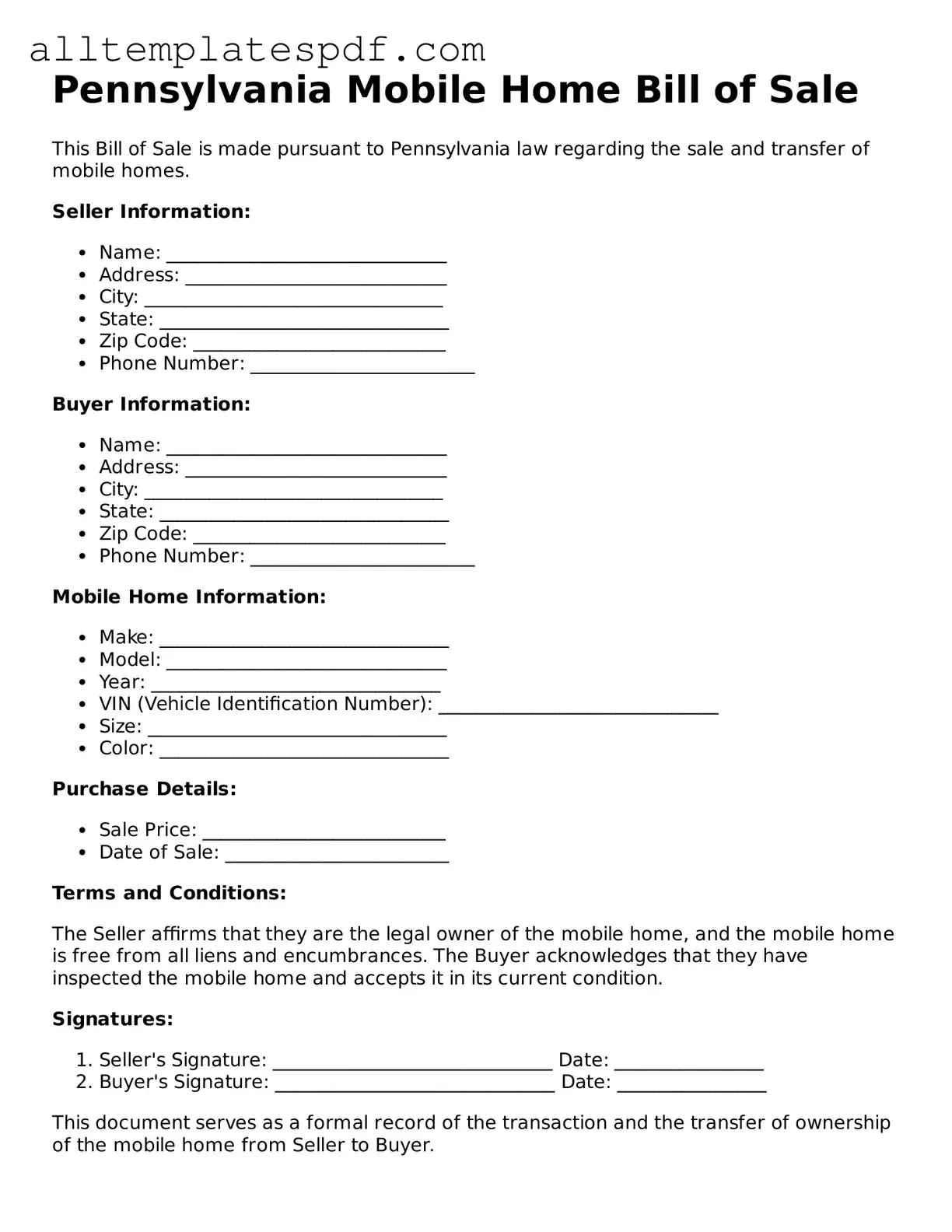 Blank Mobile Home Bill of Sale Template for the State of Pennsylvania