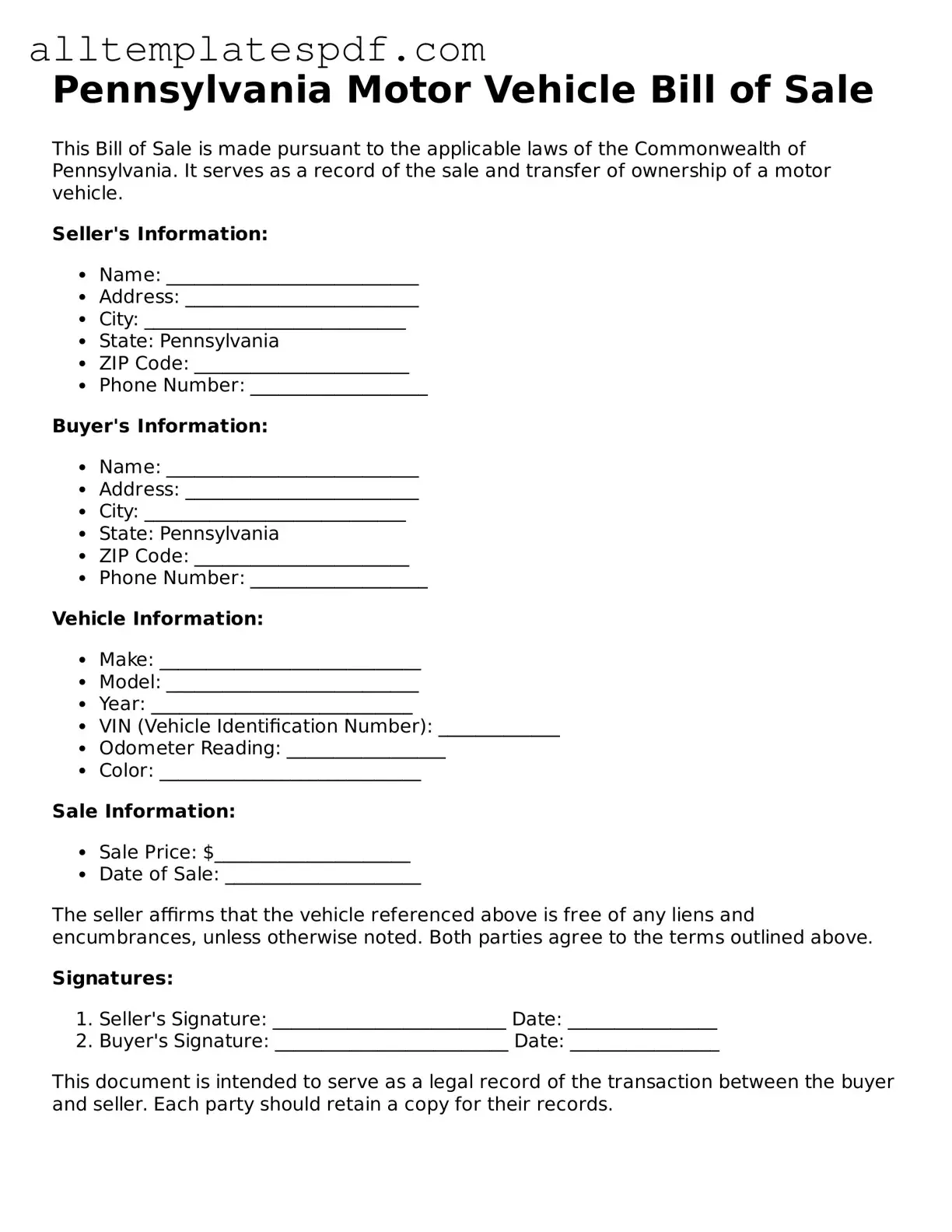 Blank Motor Vehicle Bill of Sale Template for the State of Pennsylvania