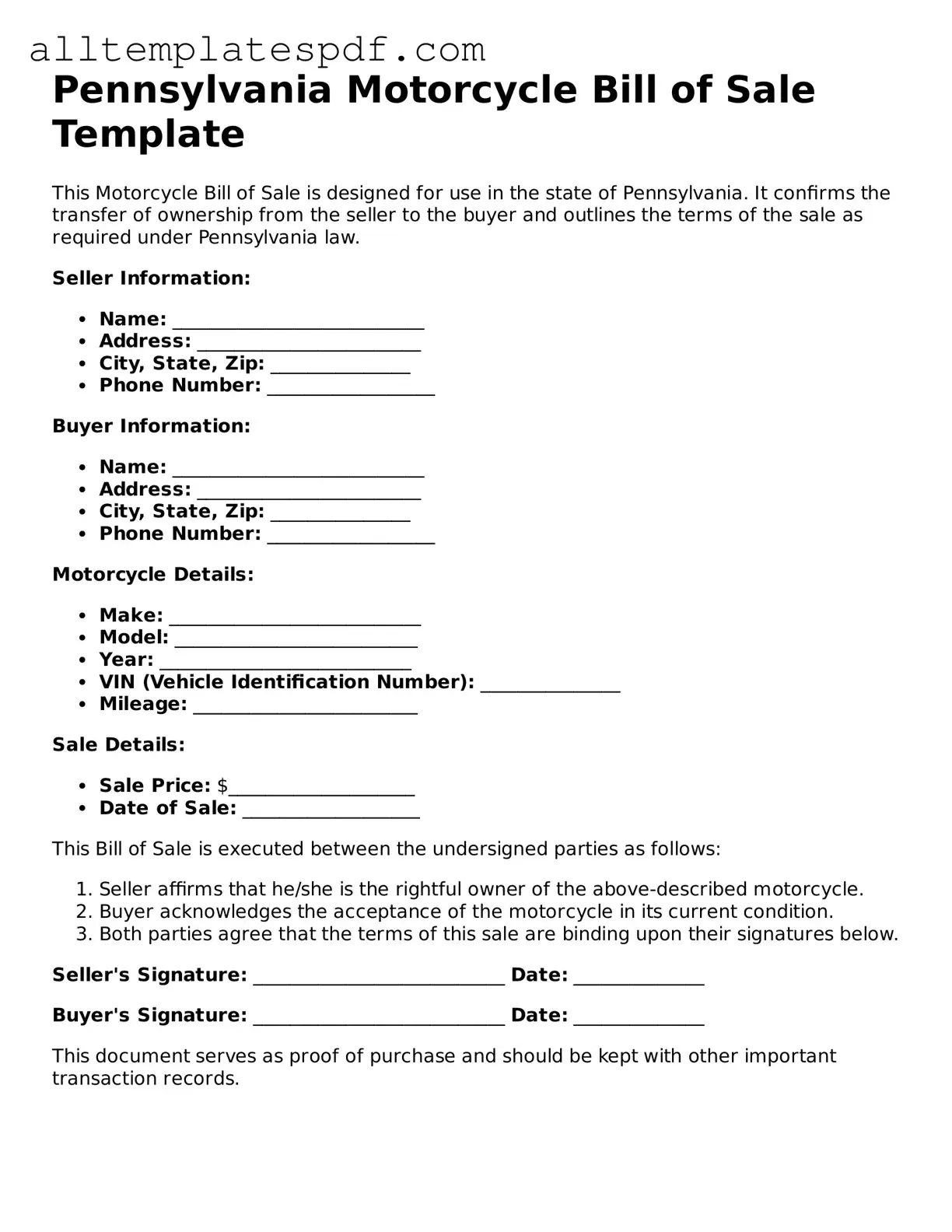 Blank Motorcycle Bill of Sale Template for the State of Pennsylvania