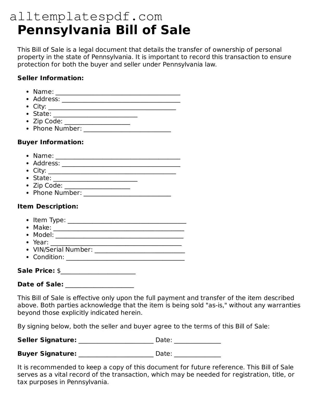 Blank Bill of Sale Template for the State of Pennsylvania