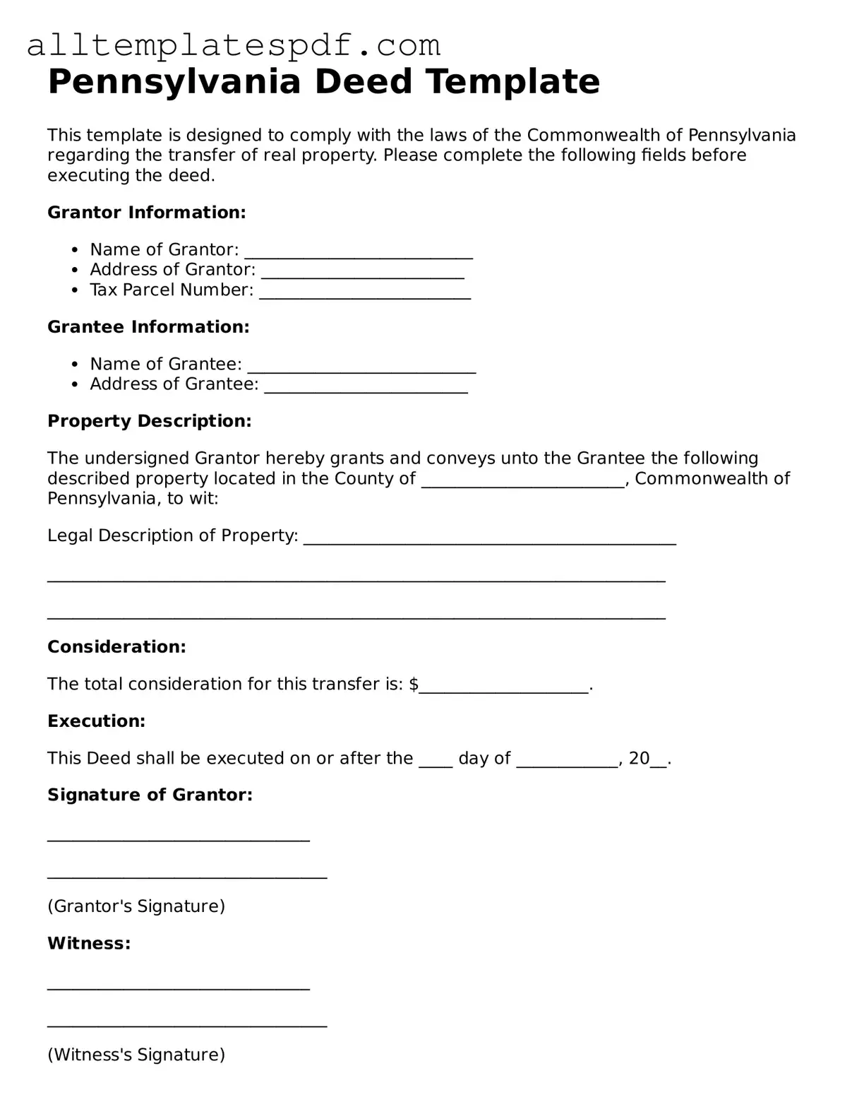 Blank Deed Template for the State of Pennsylvania