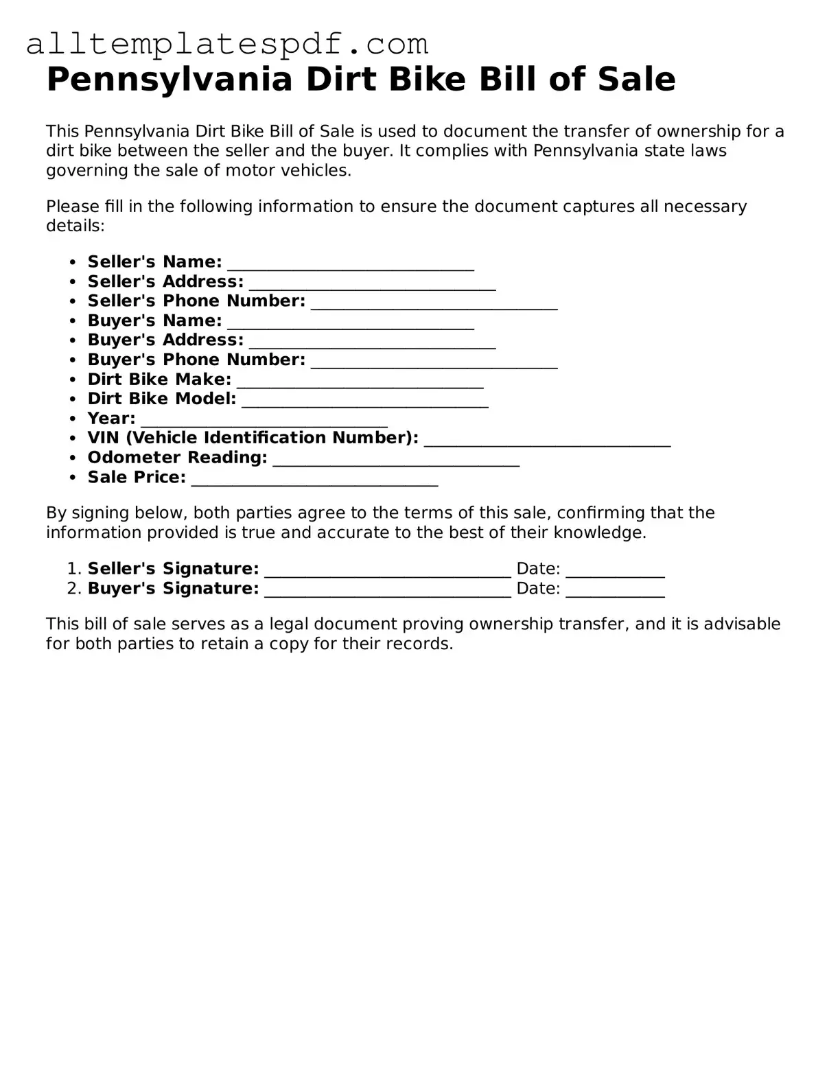 Blank Dirt Bike Bill of Sale Template for the State of Pennsylvania