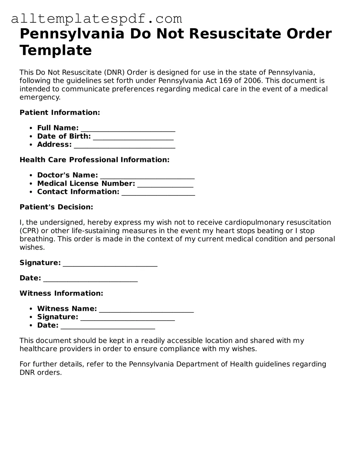 Blank Do Not Resuscitate Order Template for the State of Pennsylvania