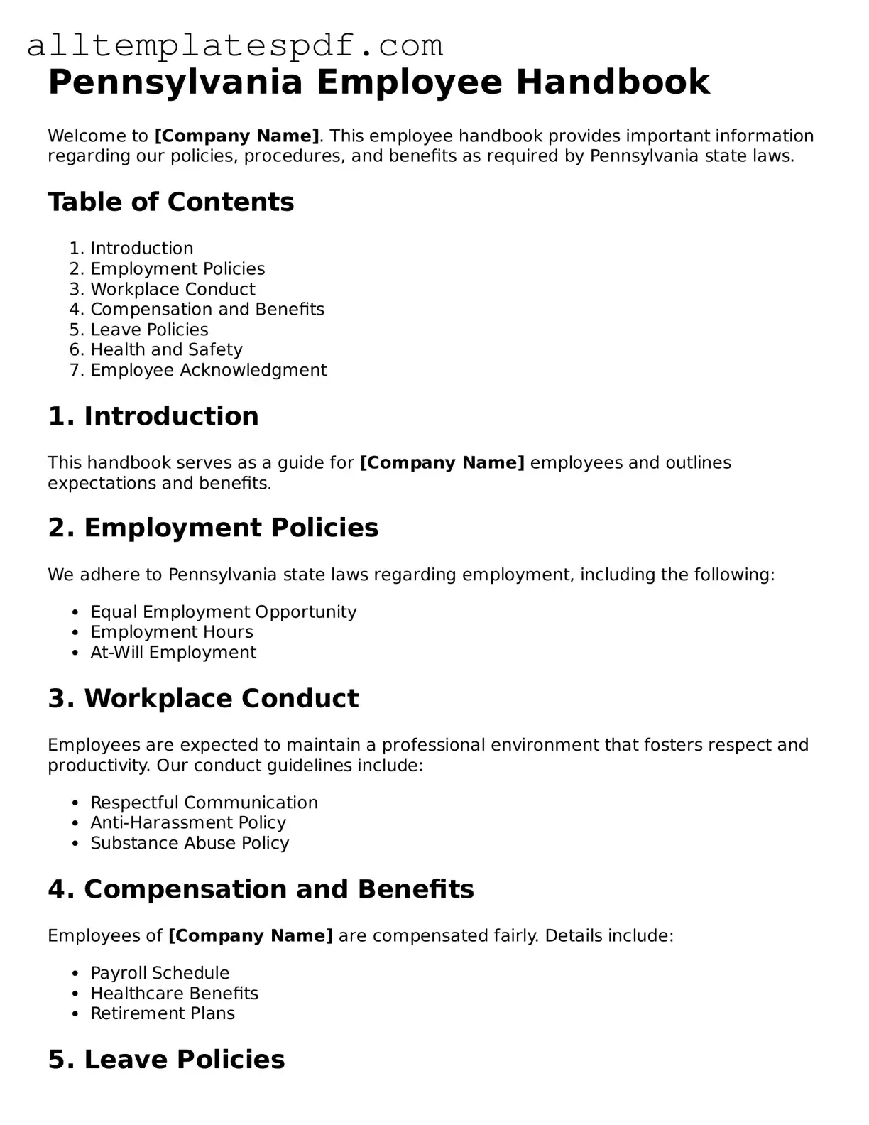 Blank Employee Handbook Template for the State of Pennsylvania