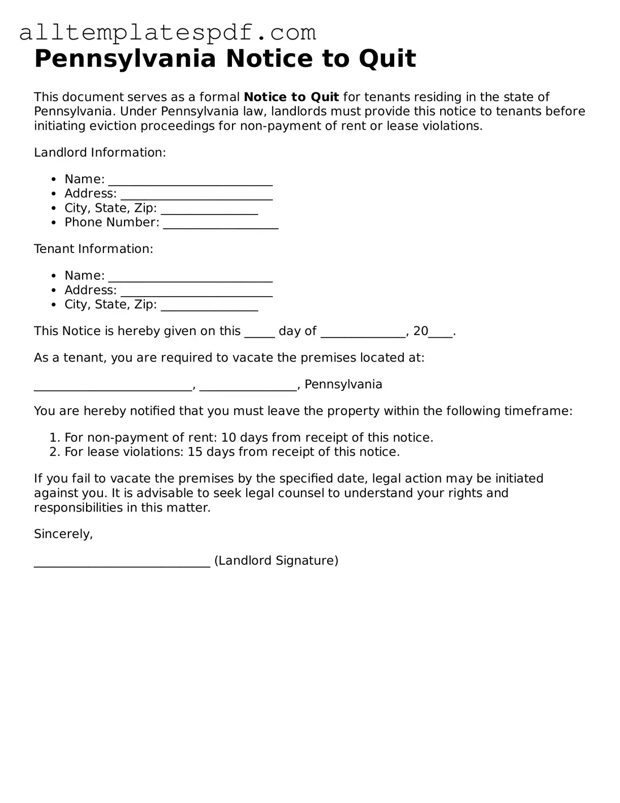 Blank Notice to Quit Template for the State of Pennsylvania