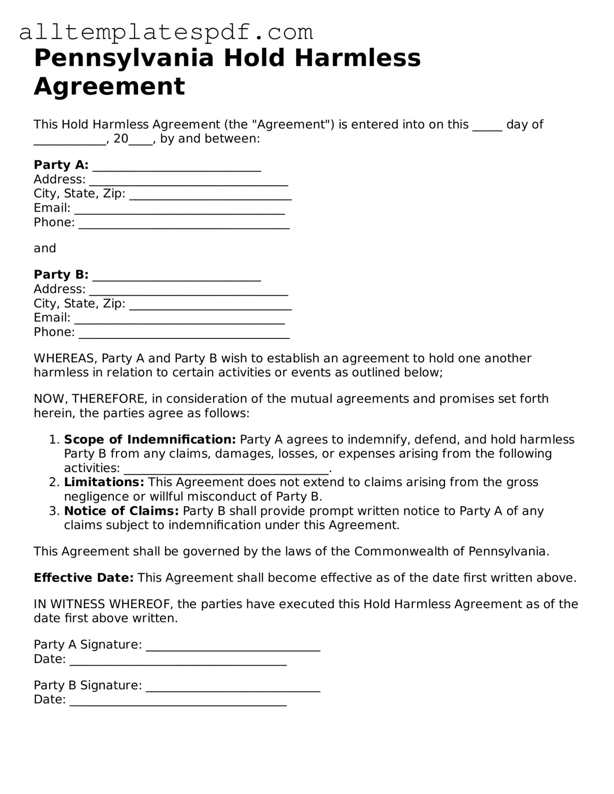 Blank Hold Harmless Agreement Template for the State of Pennsylvania