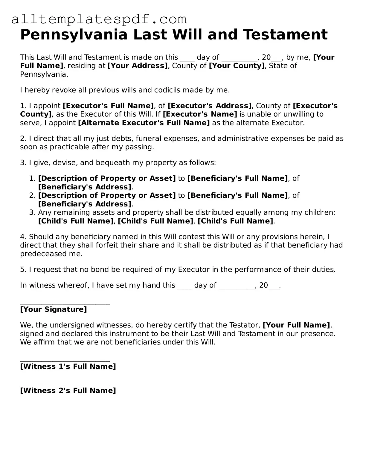 Blank Last Will and Testament Template for the State of Pennsylvania