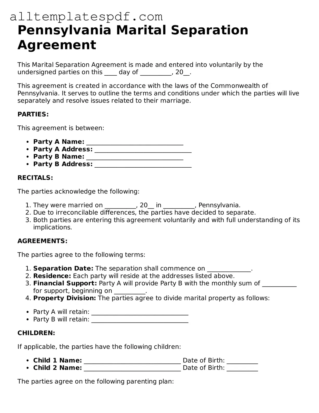 Blank Marital Separation Agreement Template for the State of Pennsylvania