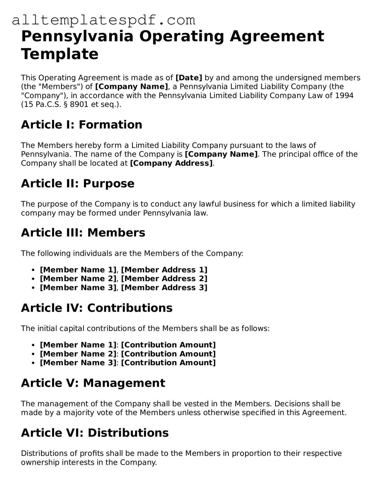 Blank Operating Agreement Template for the State of Pennsylvania