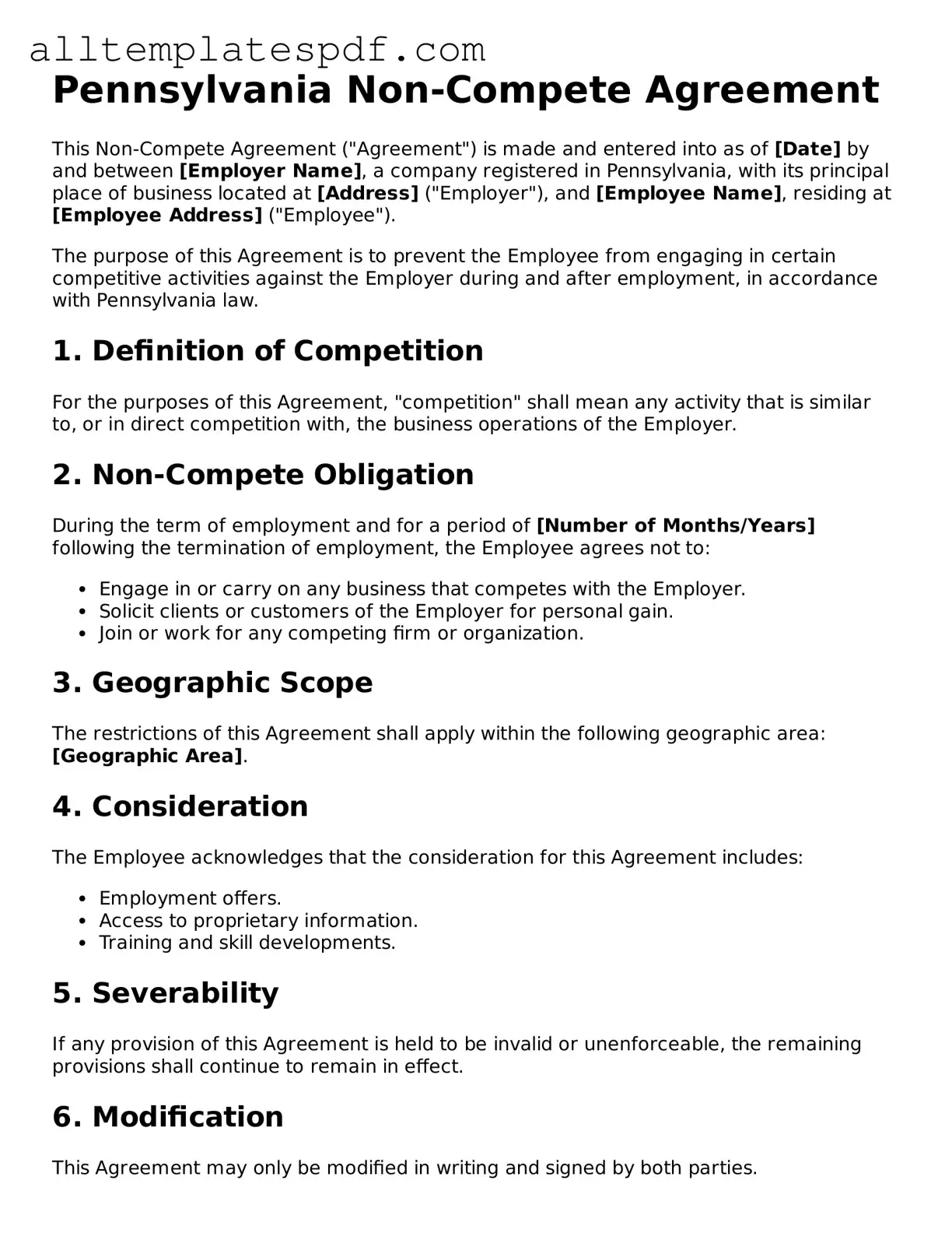 Blank Non-compete Agreement Template for the State of Pennsylvania
