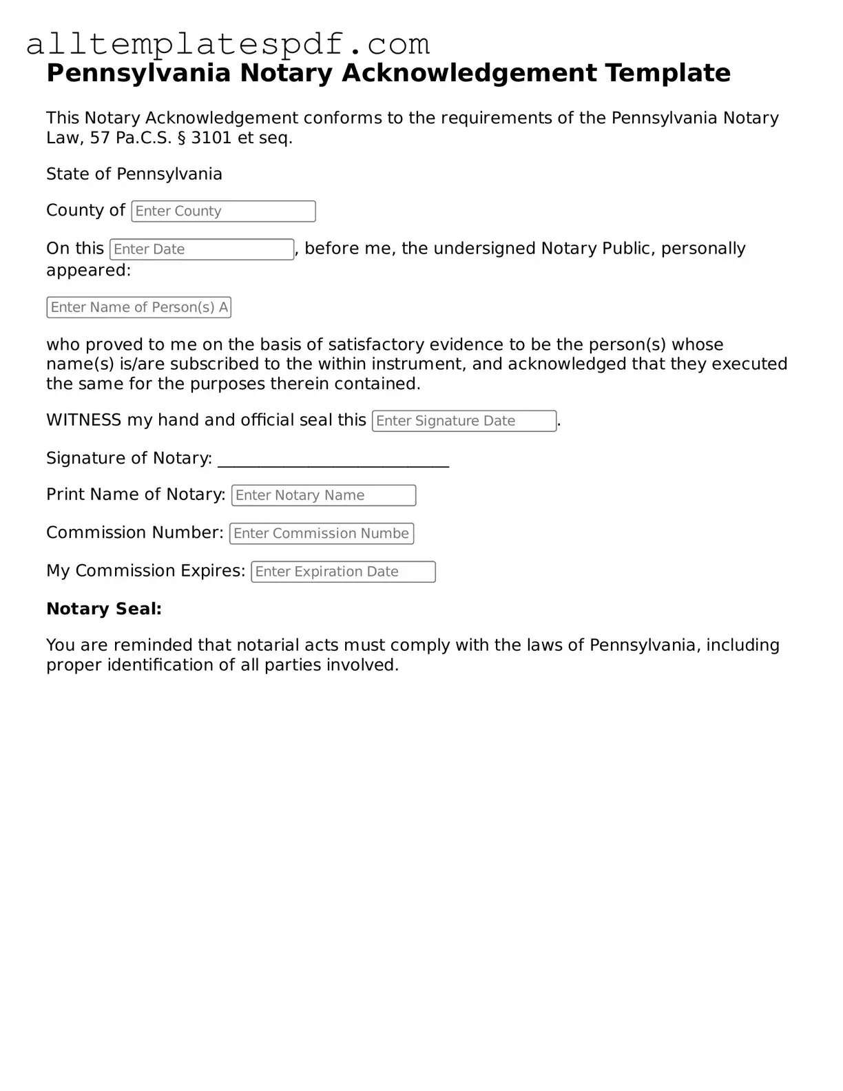 Blank Notary Acknowledgement Template for the State of Pennsylvania