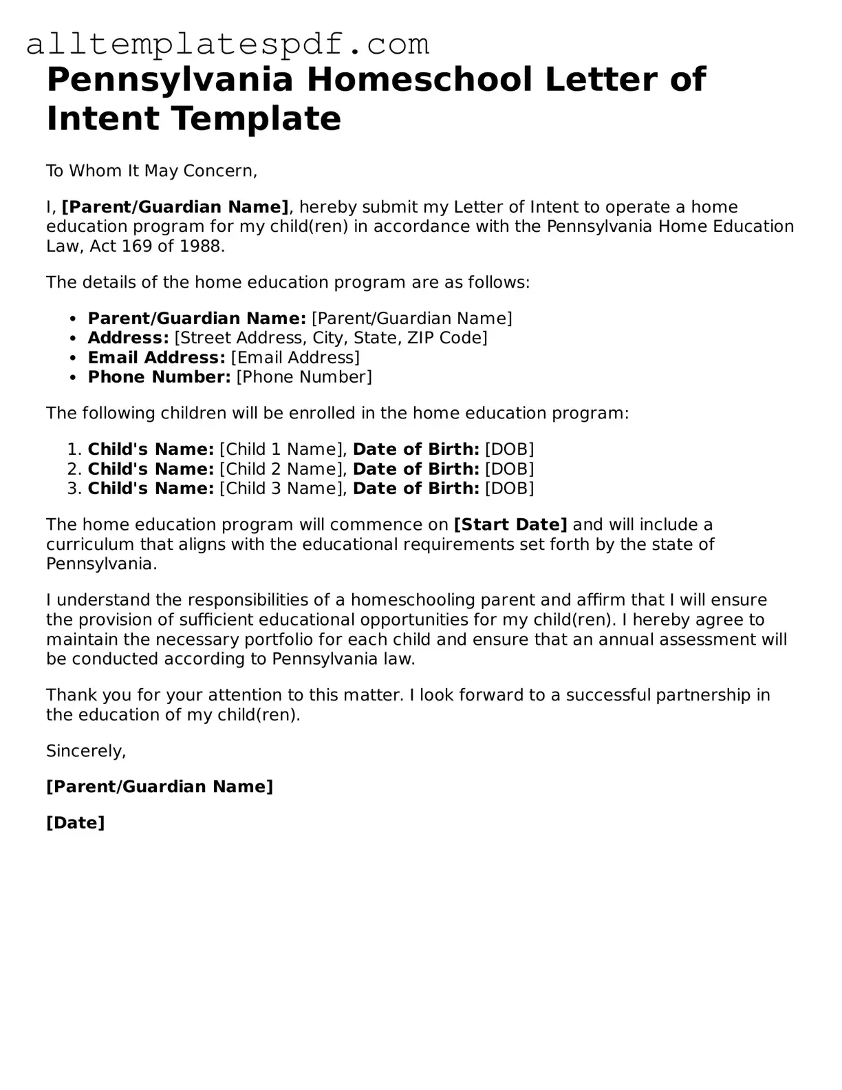 Blank Homeschool Letter of Intent Template for the State of Pennsylvania