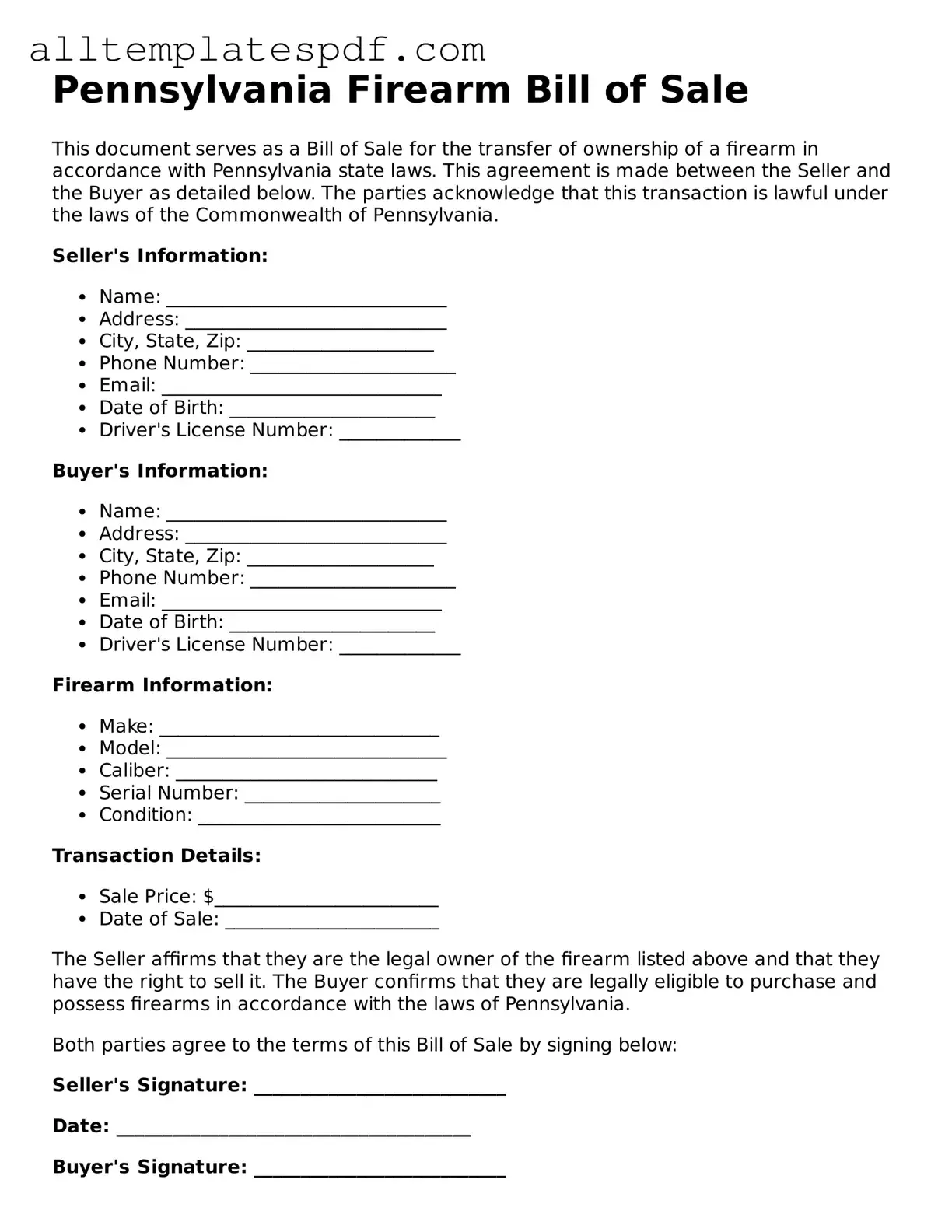 Blank Firearm Bill of Sale Template for the State of Pennsylvania