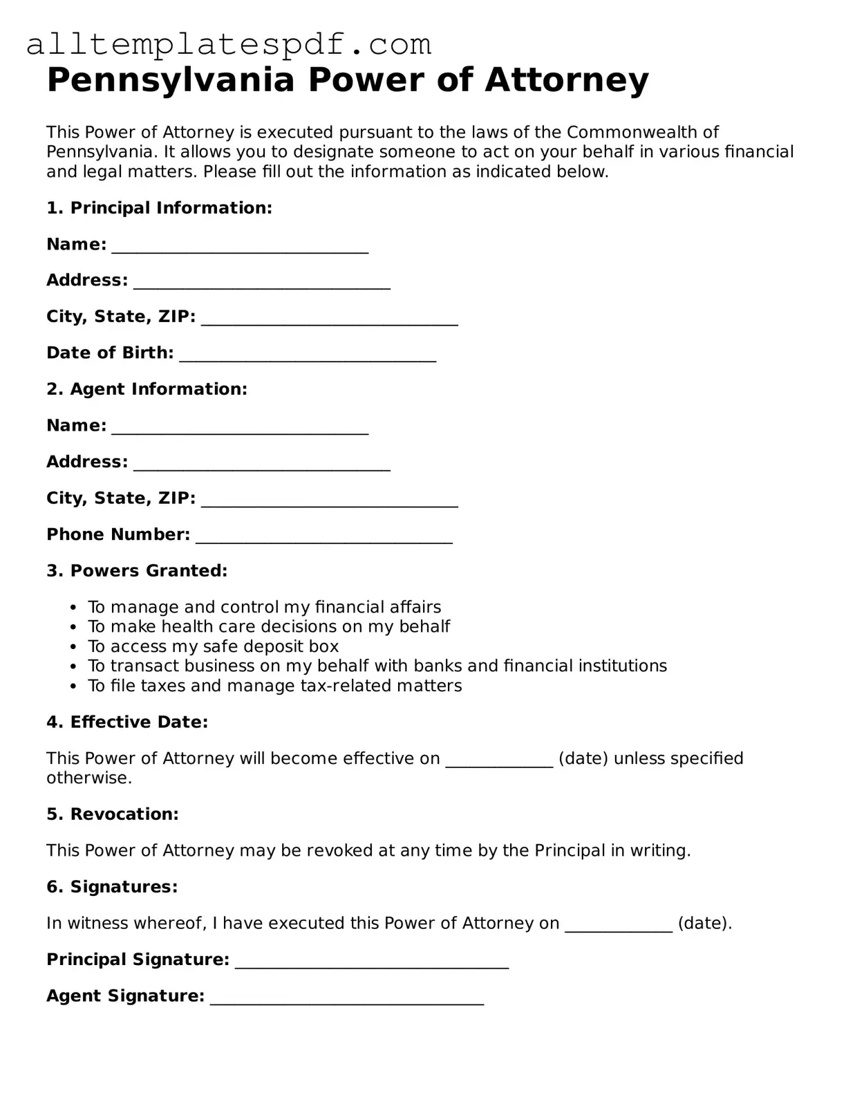 Blank Power of Attorney Template for the State of Pennsylvania