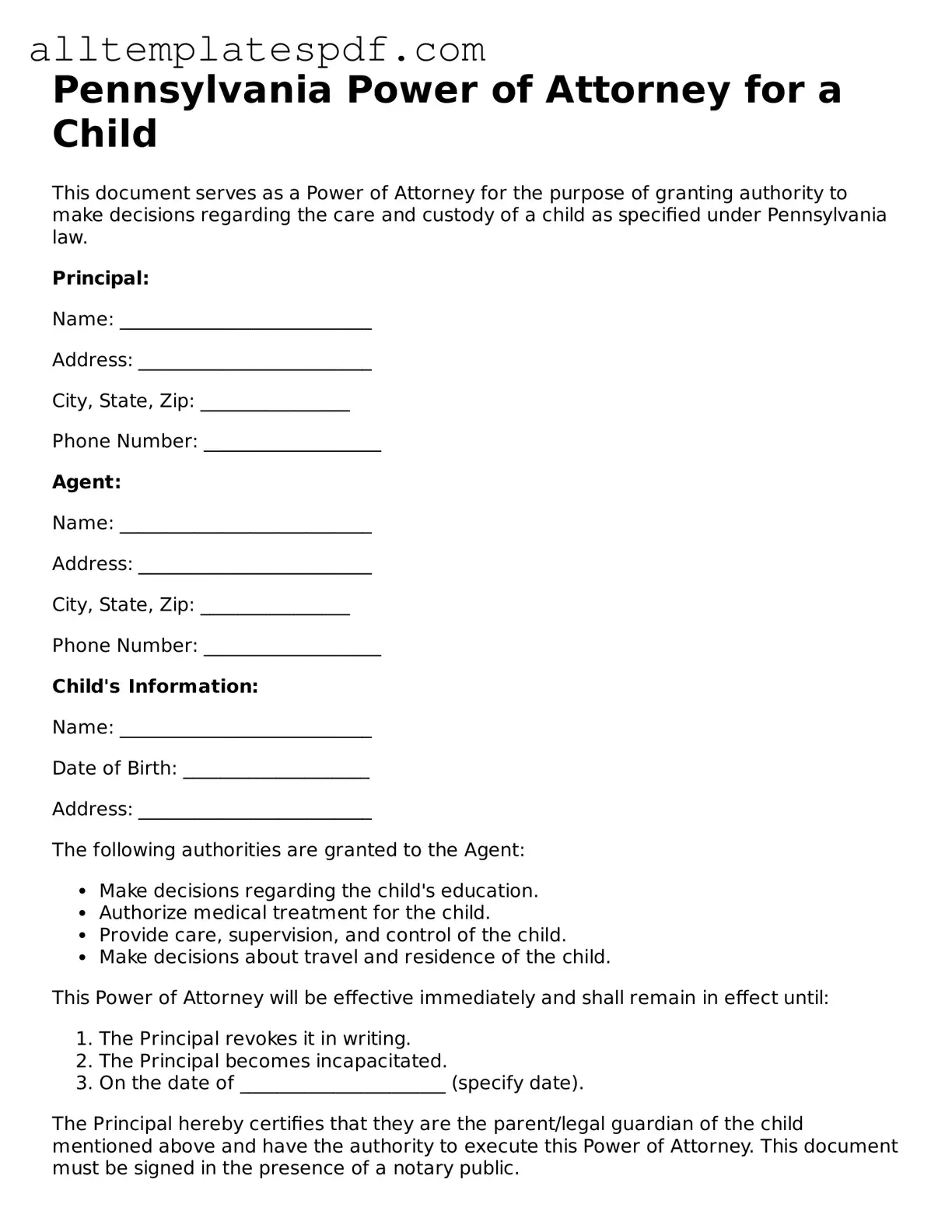 Blank Power of Attorney for a Child Template for the State of Pennsylvania