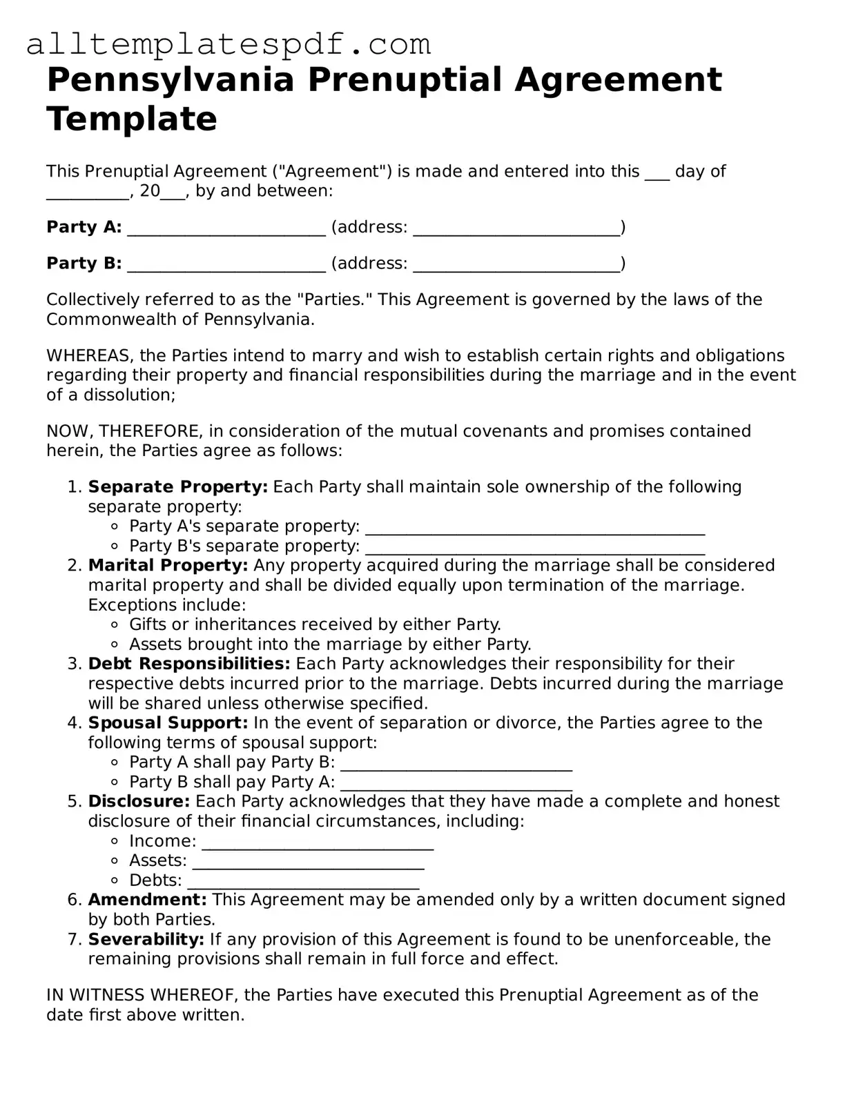Blank Prenuptial Agreement Template for the State of Pennsylvania