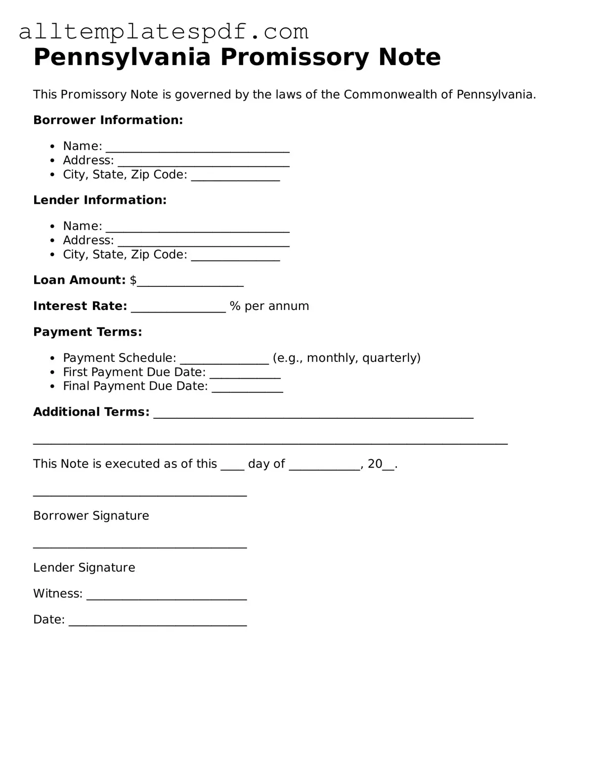 Blank Promissory Note Template for the State of Pennsylvania