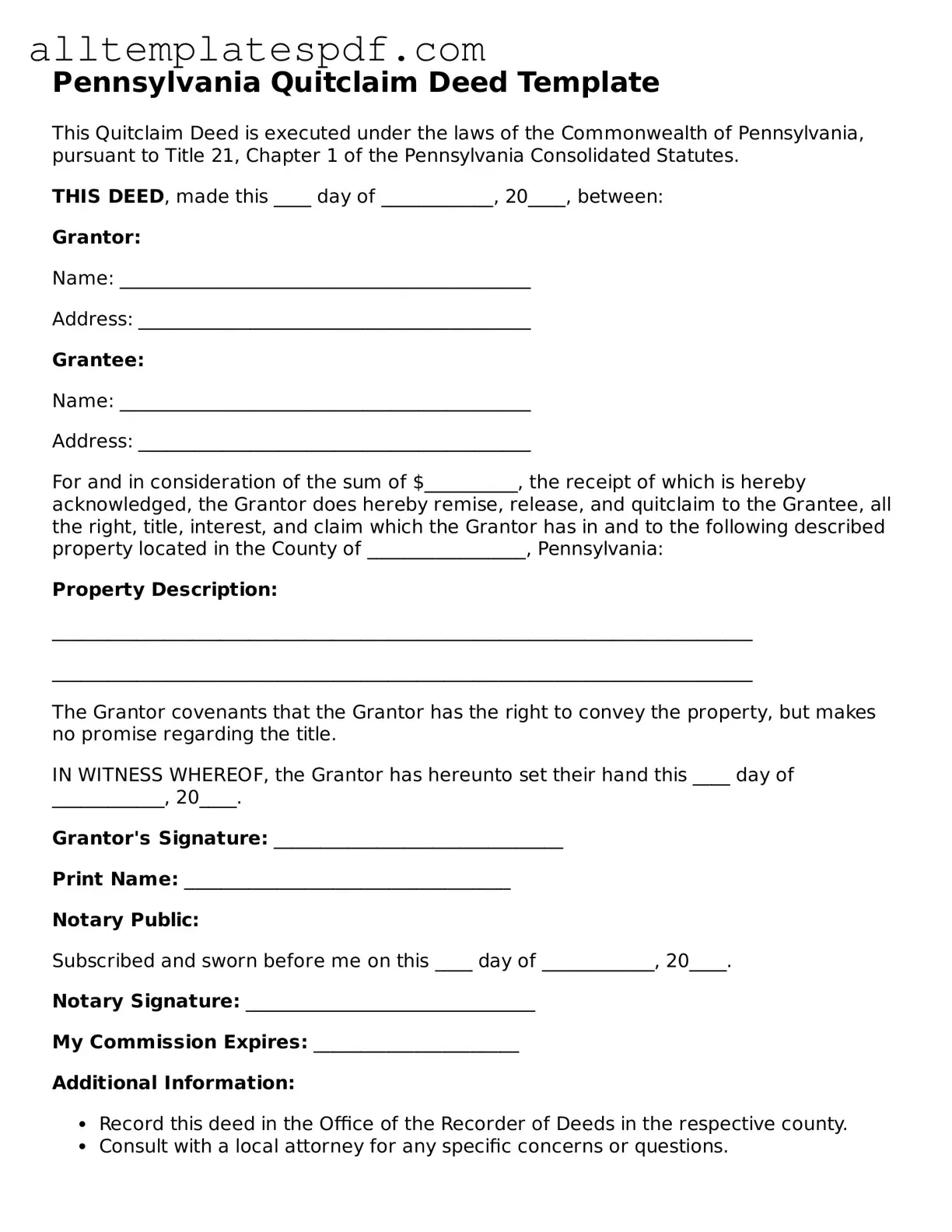 Blank Quitclaim Deed Template for the State of Pennsylvania
