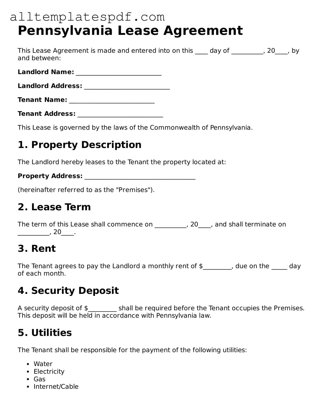 Blank Lease Agreement Template for the State of Pennsylvania