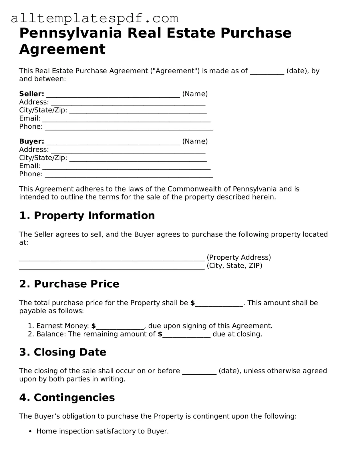 Blank Real Estate Purchase Agreement Template for the State of Pennsylvania