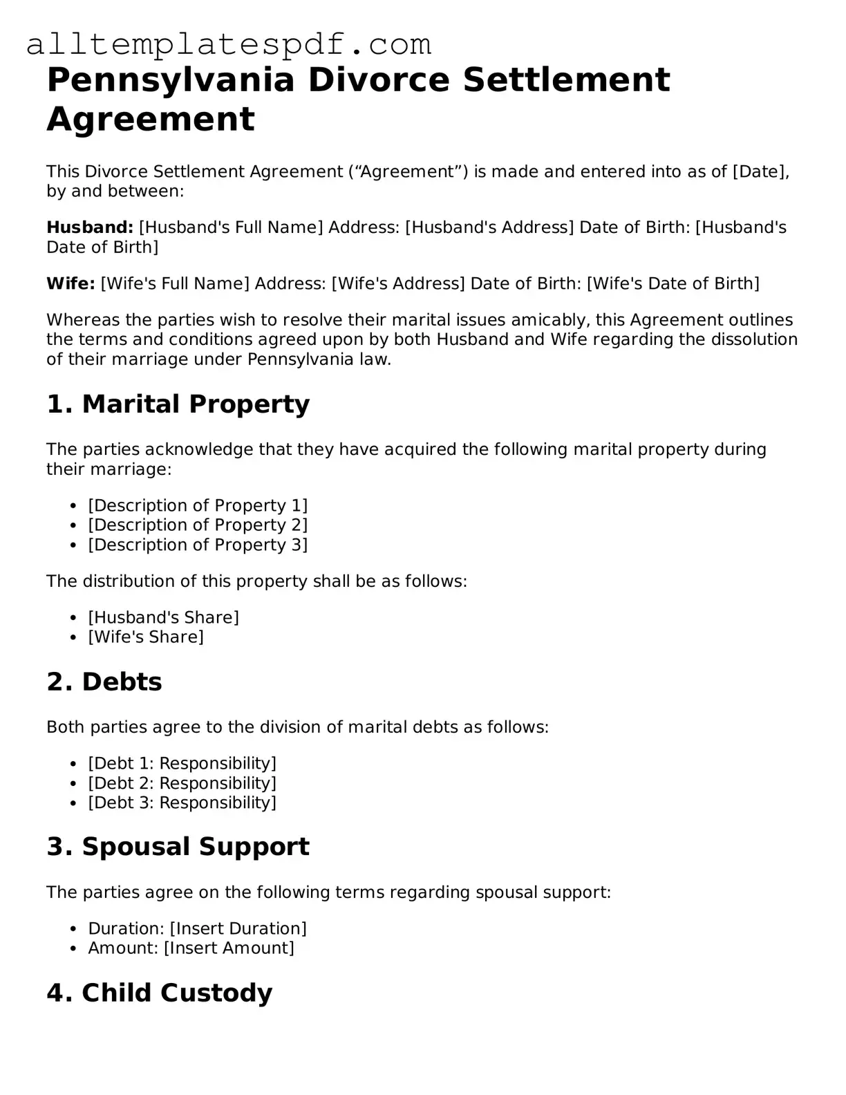 Blank Divorce Settlement Agreement Template for the State of Pennsylvania