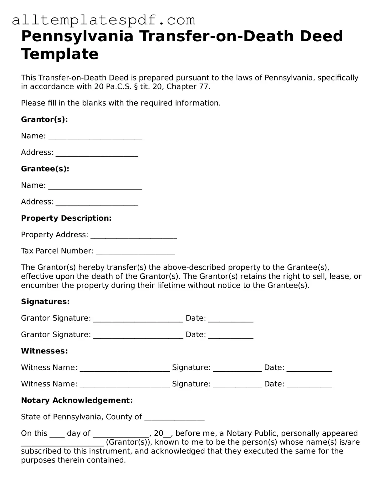 Blank Transfer-on-Death Deed Template for the State of Pennsylvania