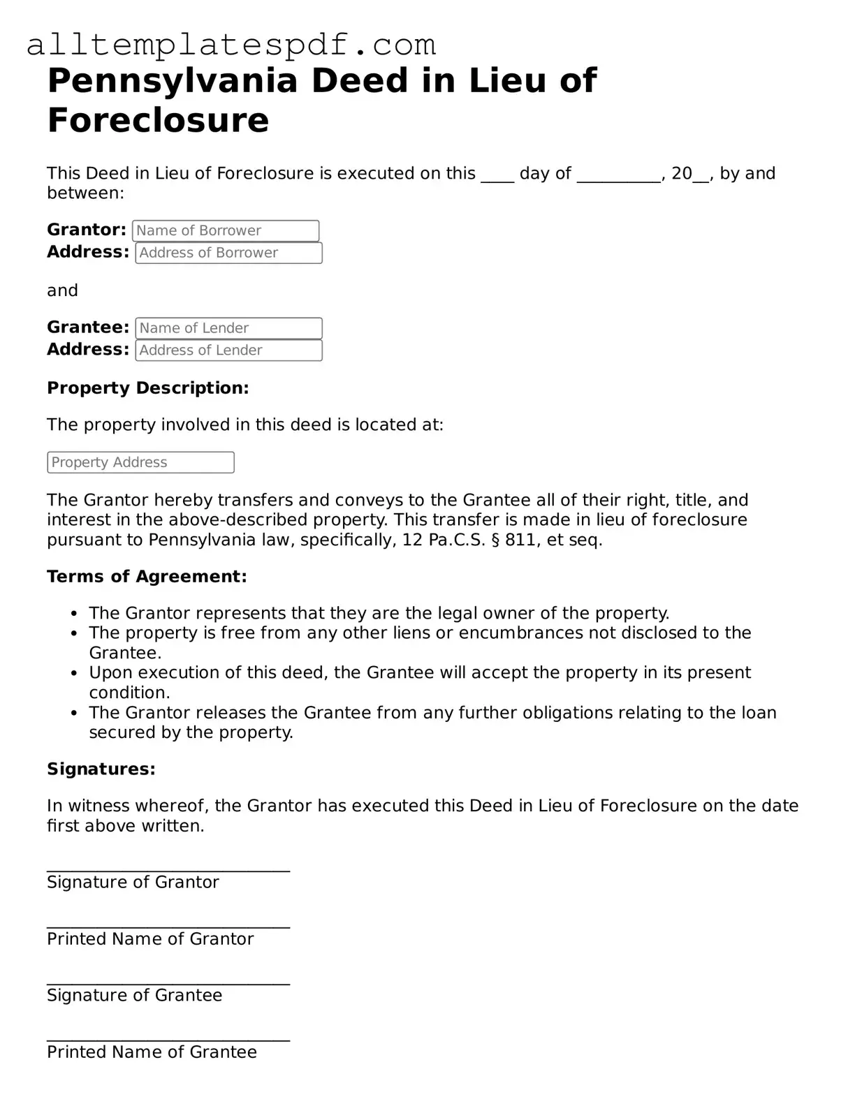 Blank Deed in Lieu of Foreclosure Template for the State of Pennsylvania