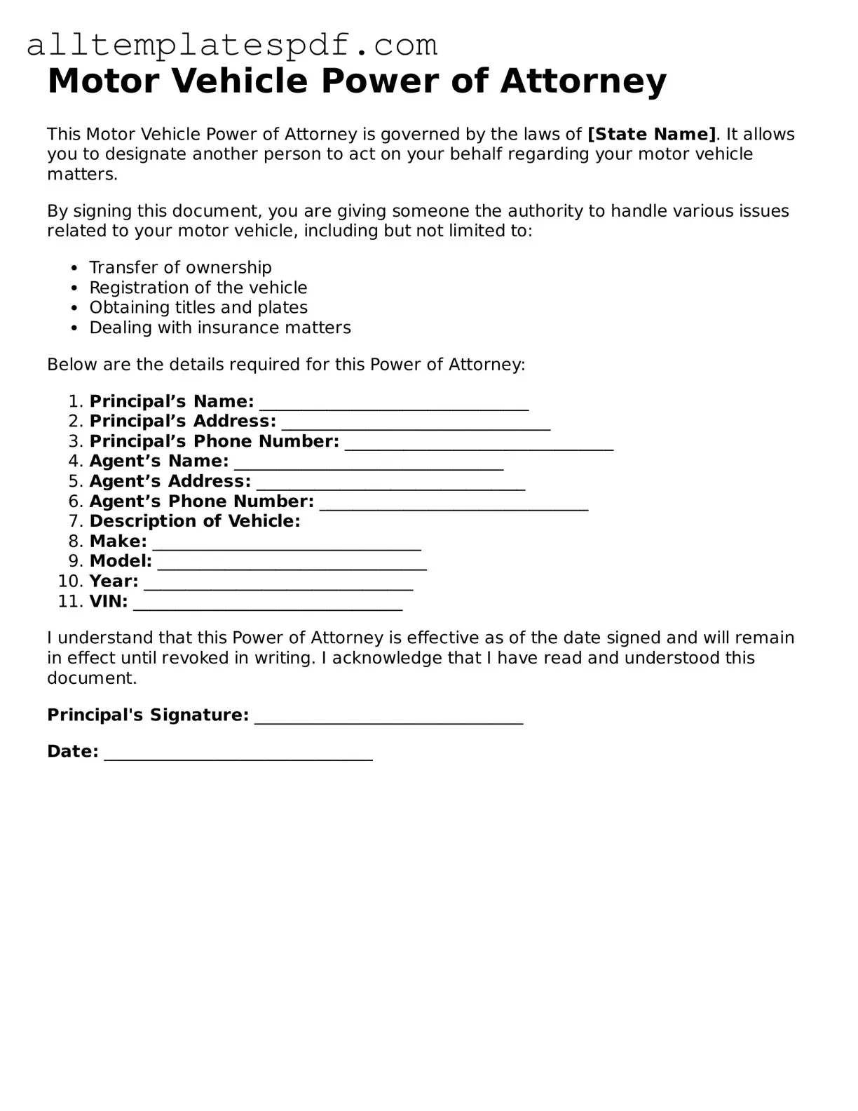 Attorney-Approved Motor Vehicle Power of Attorney Template