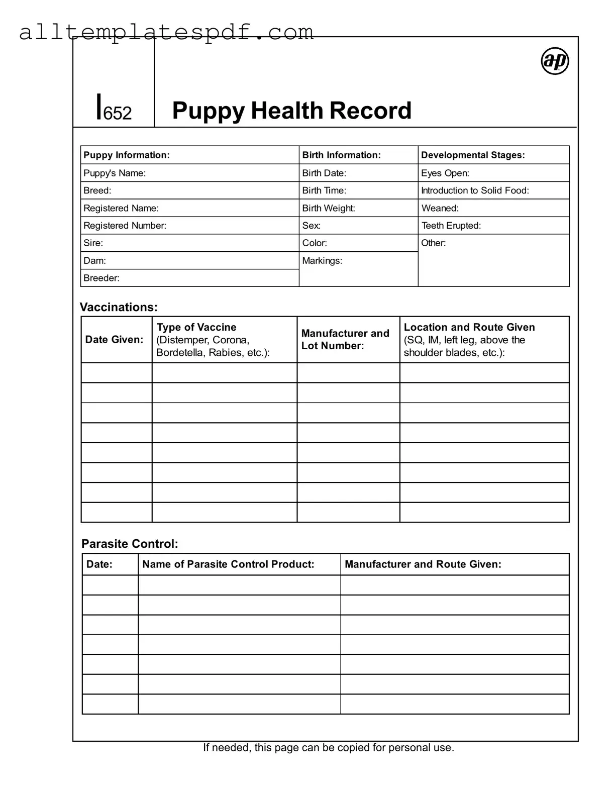 Fill Out a Valid Puppy Health Record Form