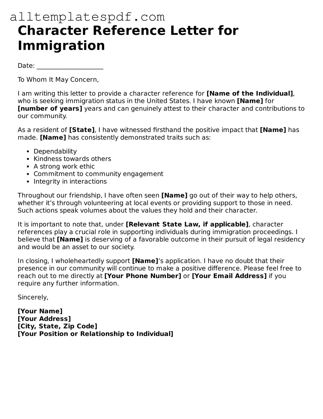 Attorney-Approved Character Reference Letter for Immigration Template